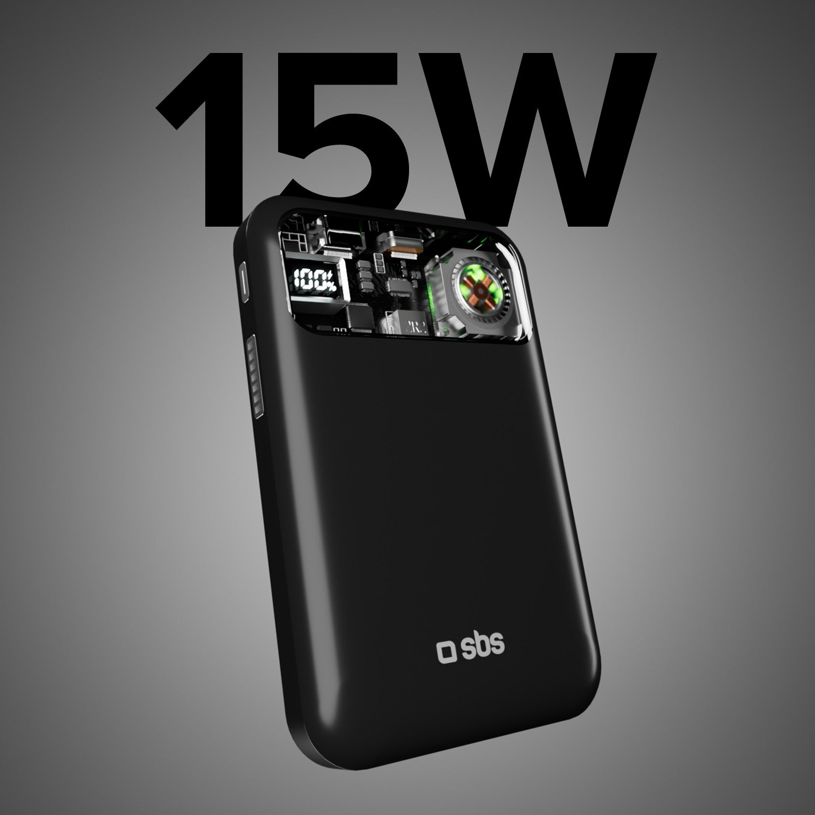 Power bank nera con testo 15W. Mostra componenti interni e carica al 100%. Logo SBS in basso.