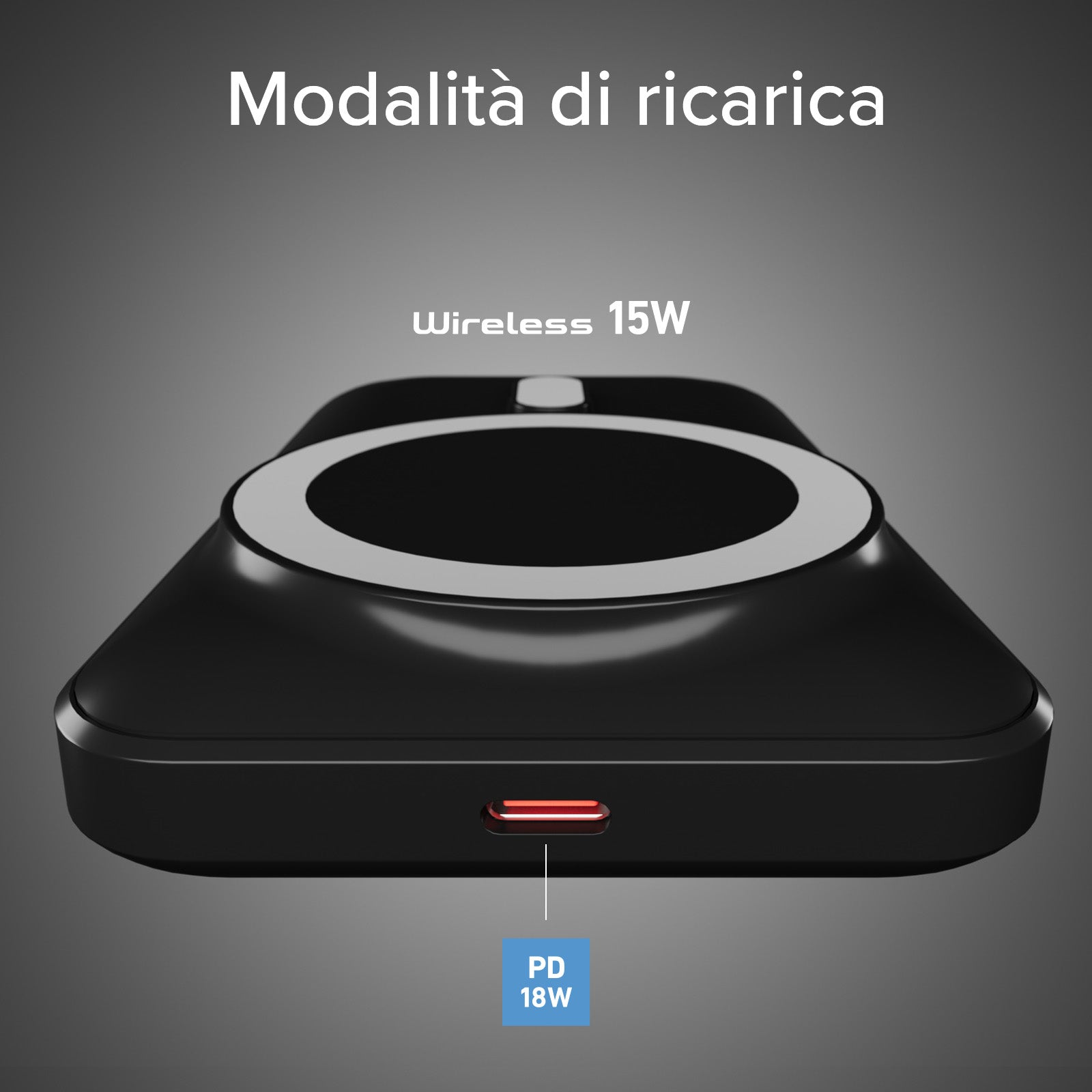 Caricatore wireless nero con anello bianco e luce rossa, PD 18W. Testo: Modalità di ricarica, Wireless 15W.
