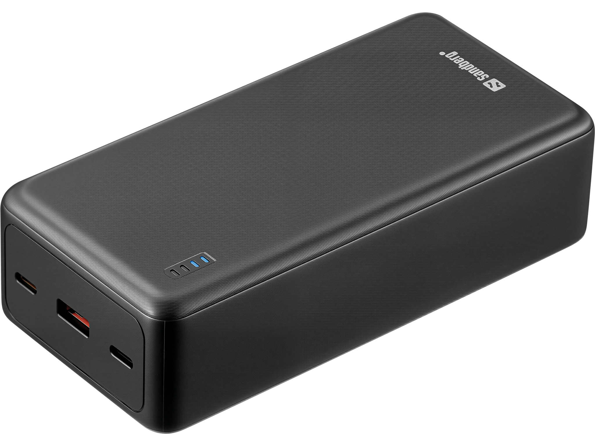 Un power bank Sandberg nero. Ha una superficie strutturata con porte e indicatori di carica. Il logo Sandberg è visibile.