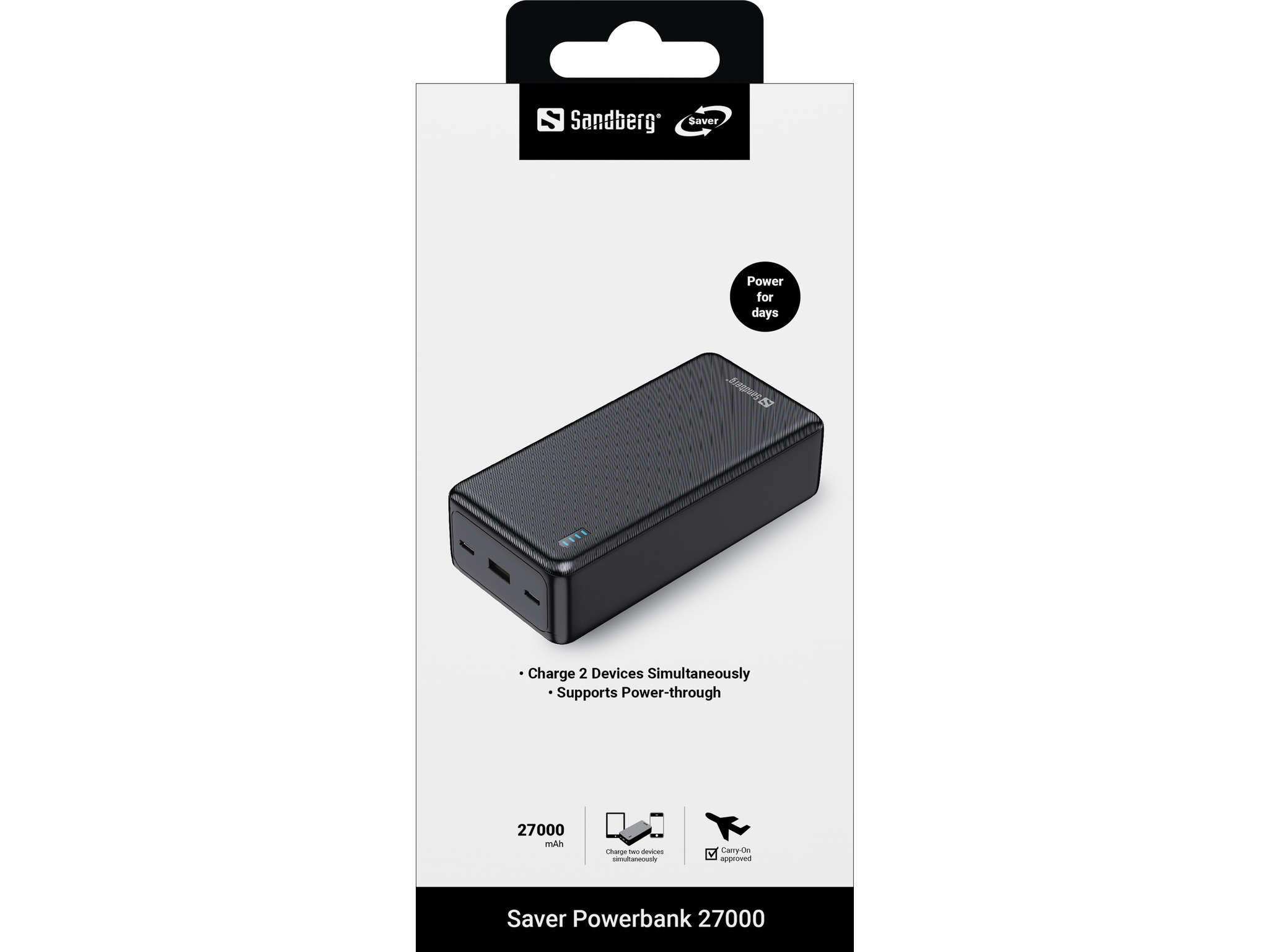 Power bank Sandberg nero. Caratteristiche: 27000 mAh, ricarica due dispositivi, approvato per il bagaglio a mano.