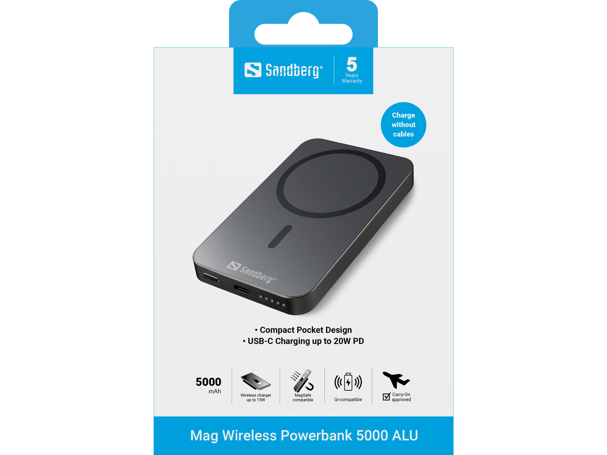 Viene mostrato un Sandberg Mag Wireless Powerbank 5000 ALU. È grigio, con un'area di ricarica nera e confezionato in una scatola.