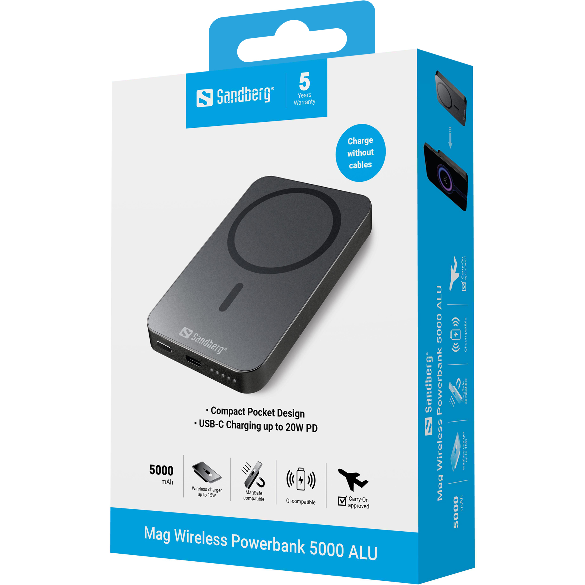 Sandberg Mag Wireless Powerbank 5000 ALU in scatola, nero, con caratteristiche e specifiche visualizzate.