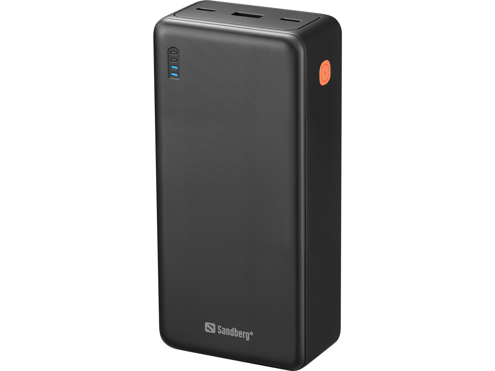 Power bank Sandberg nera. Presenta pulsante di accensione, porte di ricarica e indicatori LED. Logo Sandberg visibile.