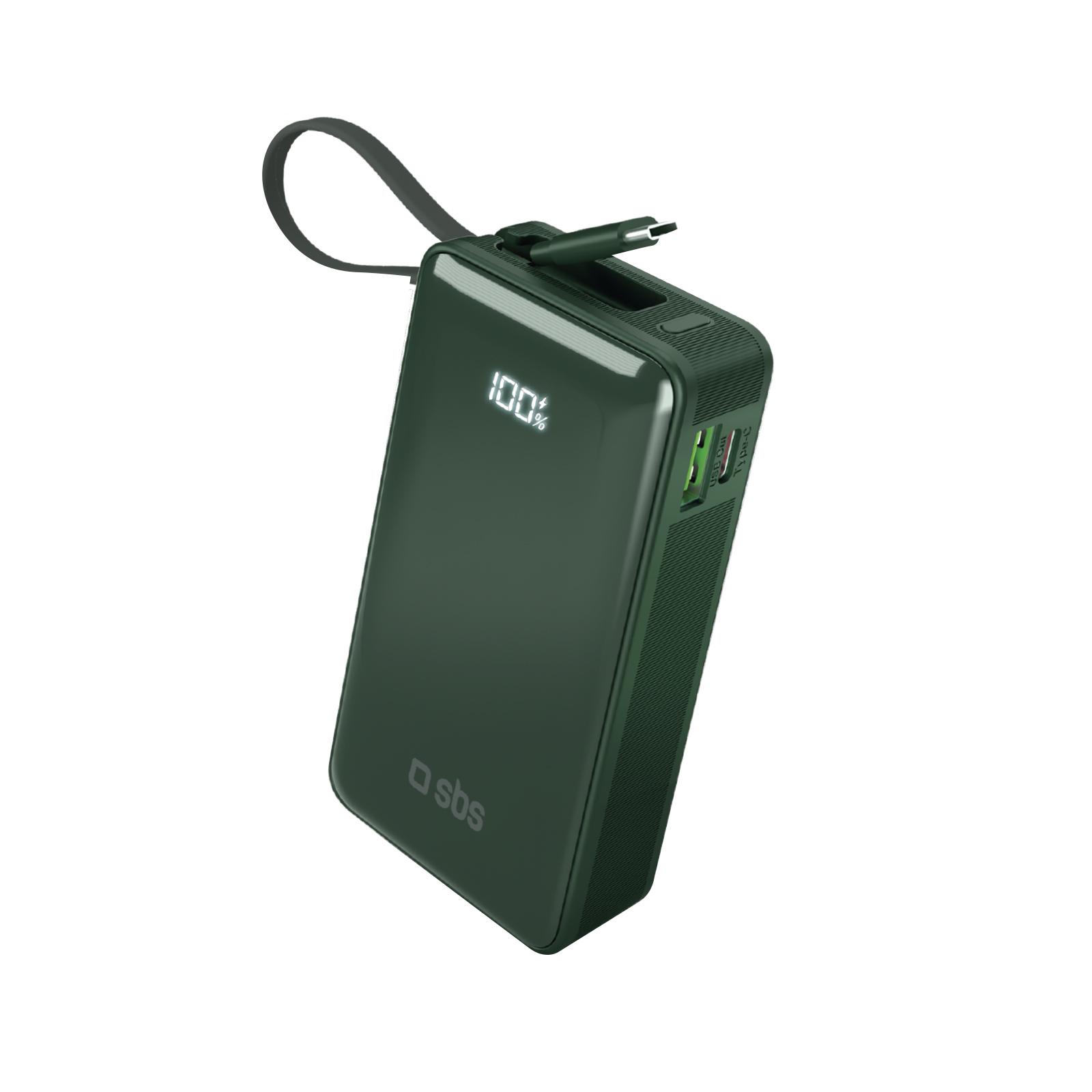 Grüne Powerbank mit angebrachtem Riemen. Sie zeigt 100% Ladung an. Sie hat USB- und Typ-C-Anschlüsse. Marke ist sbs.