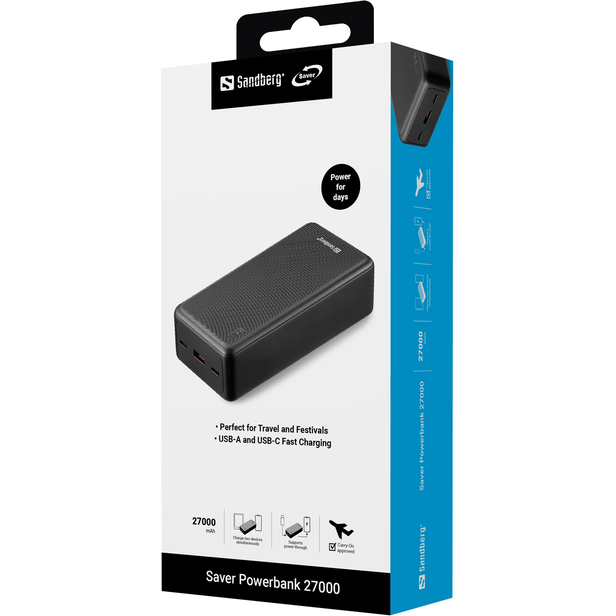 Una scatola Sandberg Saver Powerbank 27000. Viene visualizzato un power bank nero con la scritta 'Power for days' e 'Carry-On approved'.