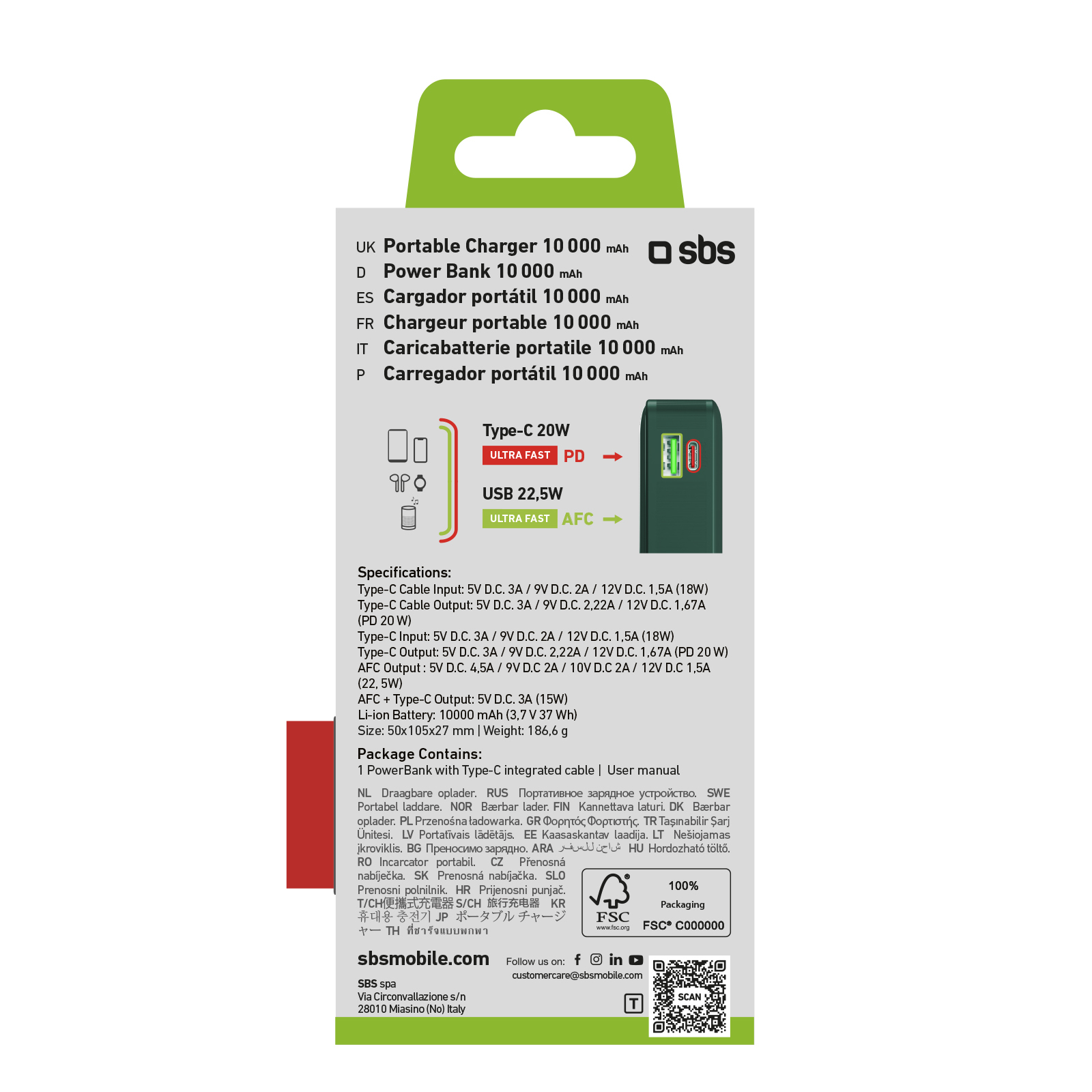 Eine weiße Box mit Text, eine grüne Powerbank und ein grüner Deckel mit Loch.