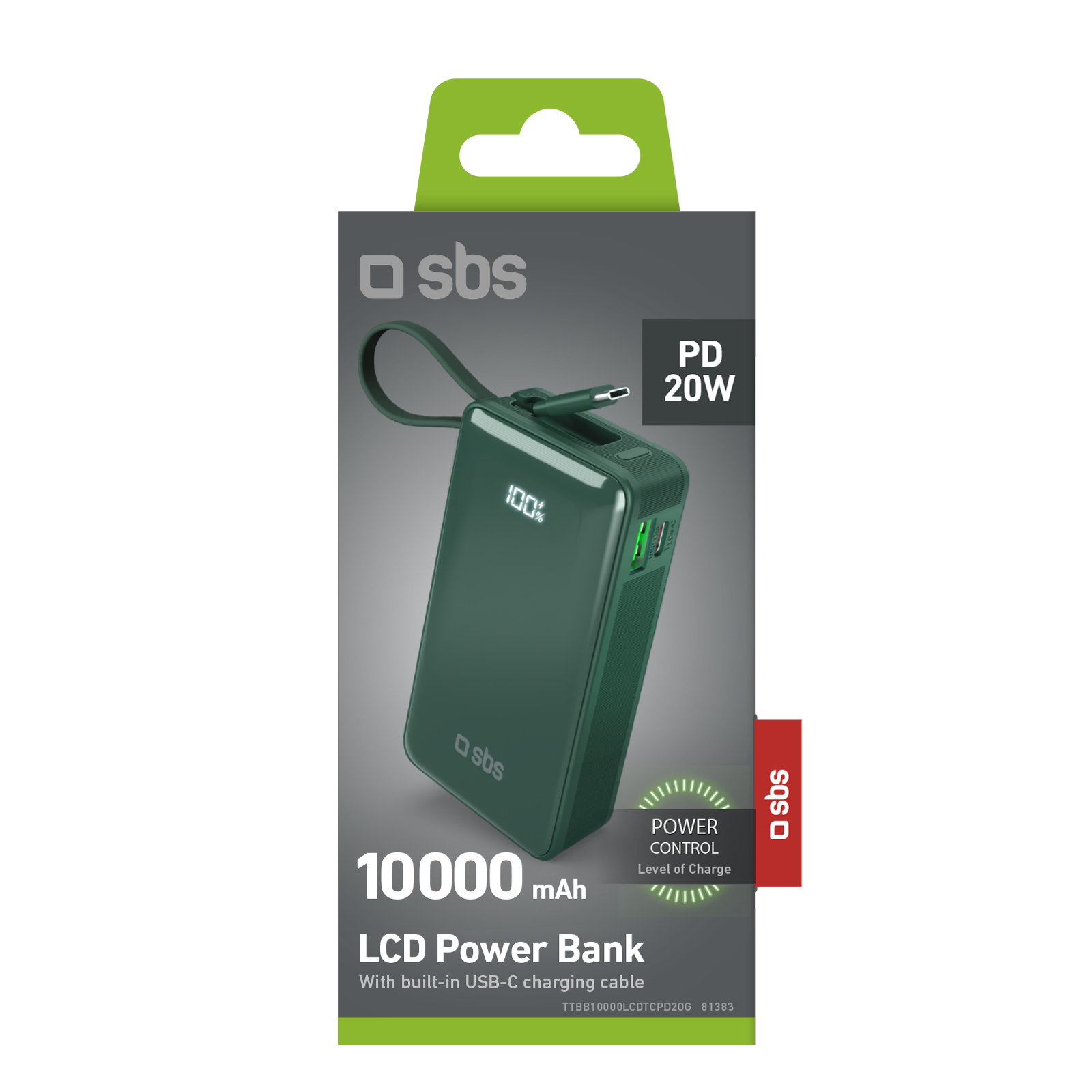 Eine grüne Powerbank in einer Schachtel. Sie hat ein USB-C-Kabel und zeigt 100 % Ladung an. Die Marke ist sbs.