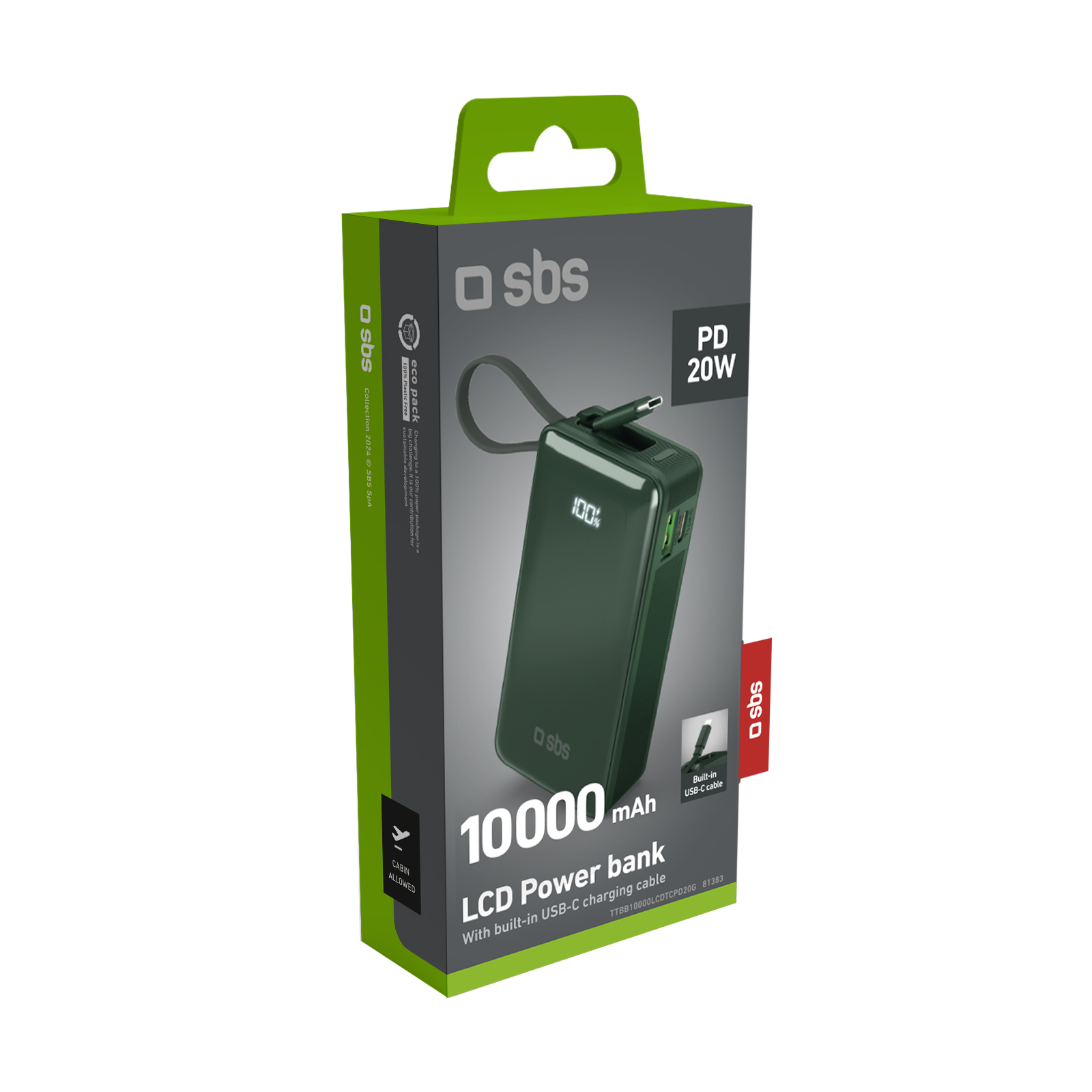 Grüne Powerbank in einer Box. Es zeigt 100%. Die Box ist grün und hat das sbs-Logo.