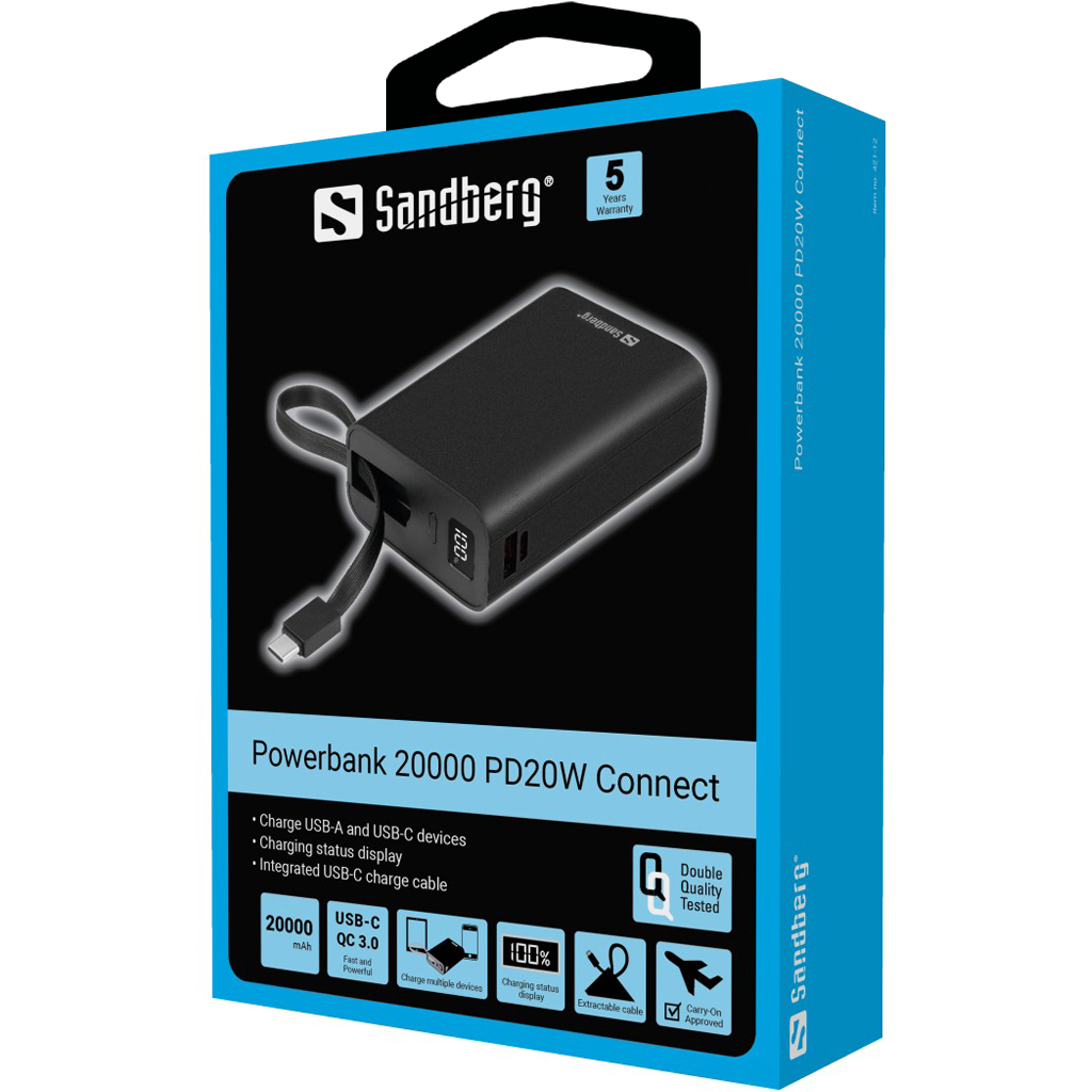 Zwarte Sandberg Powerbank 20000 PD20W Connect op blauwe doos. Kenmerken: USB-C, oplaadstatusdisplay en geïntegreerde kabel.