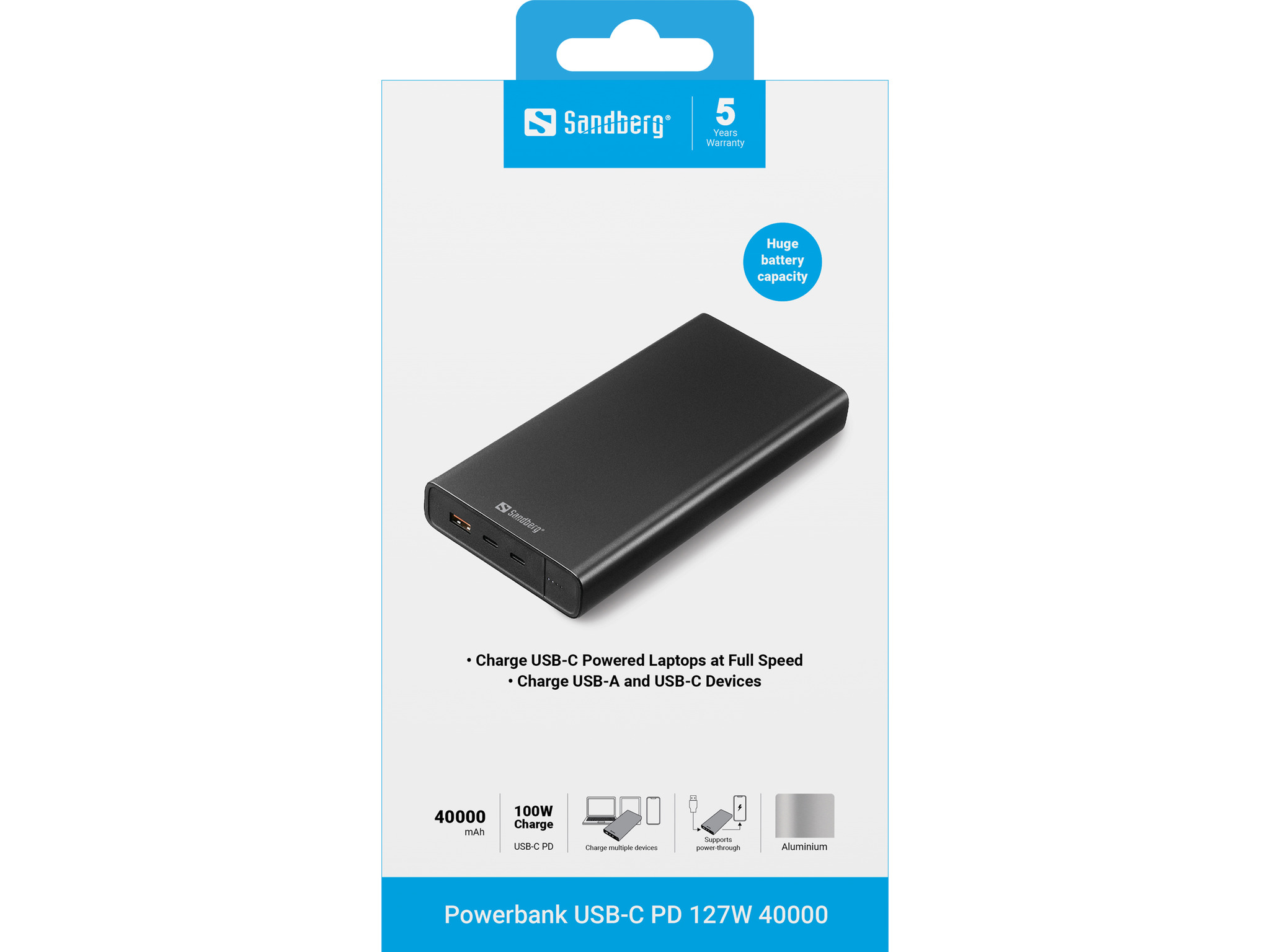 Power bank Sandberg nera. Caratteristiche: 40000mAh, 100W, USB-C, alluminio. Ricarica laptop e dispositivi. Sfondo bianco.