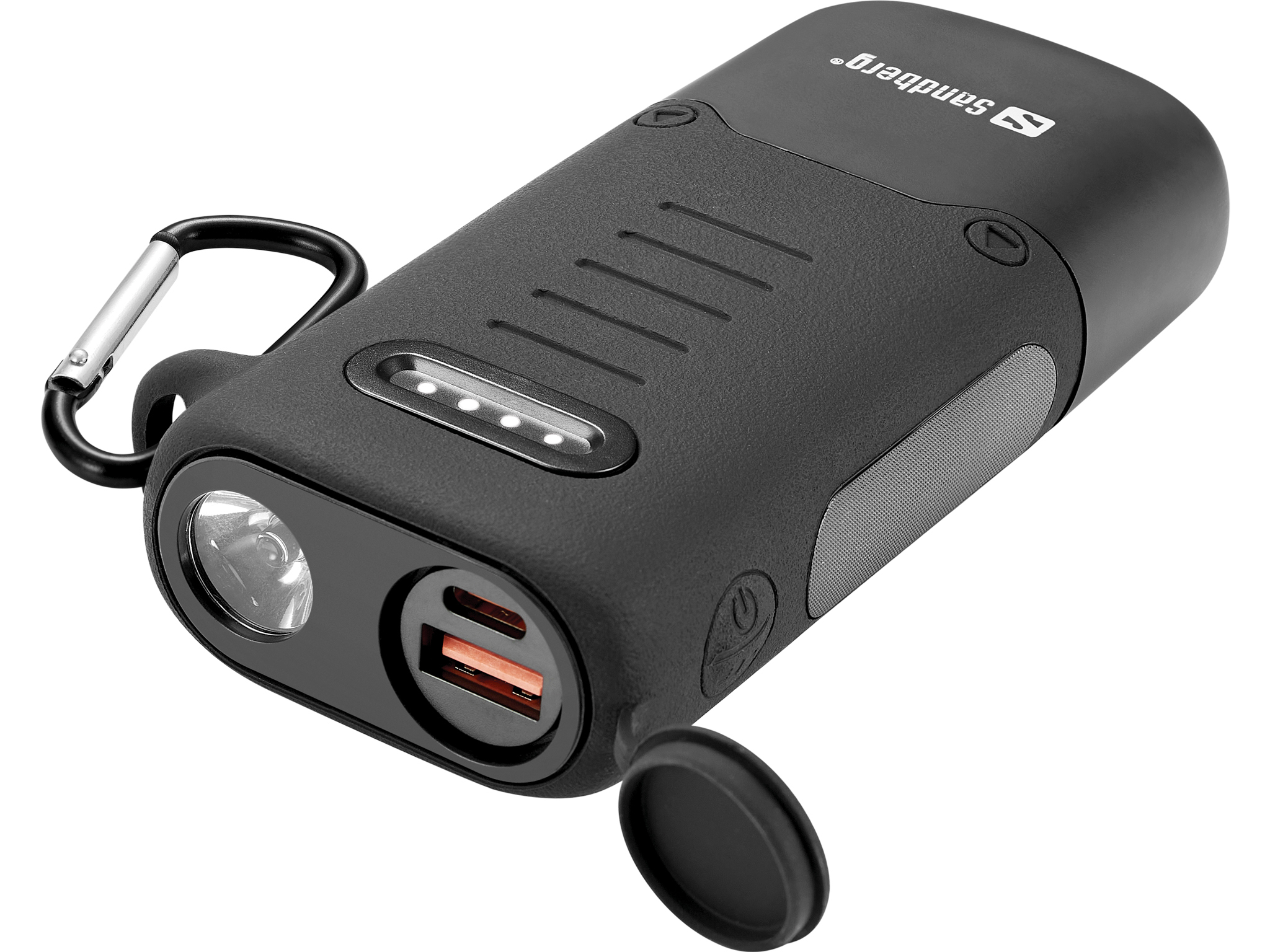 Zwarte, cilindrische powerbank met zaklamp, USB-poorten en karabijnhaak. Het merk is Sandberg.