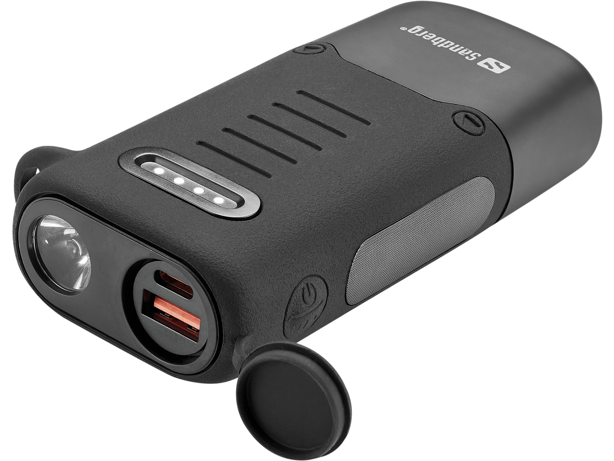 Zwarte Sandberg powerbank met zaklamp, USB-poort en luidspreker. Het heeft een aan/uit-knop en statuslampjes. Sandberg-logo zichtbaar.