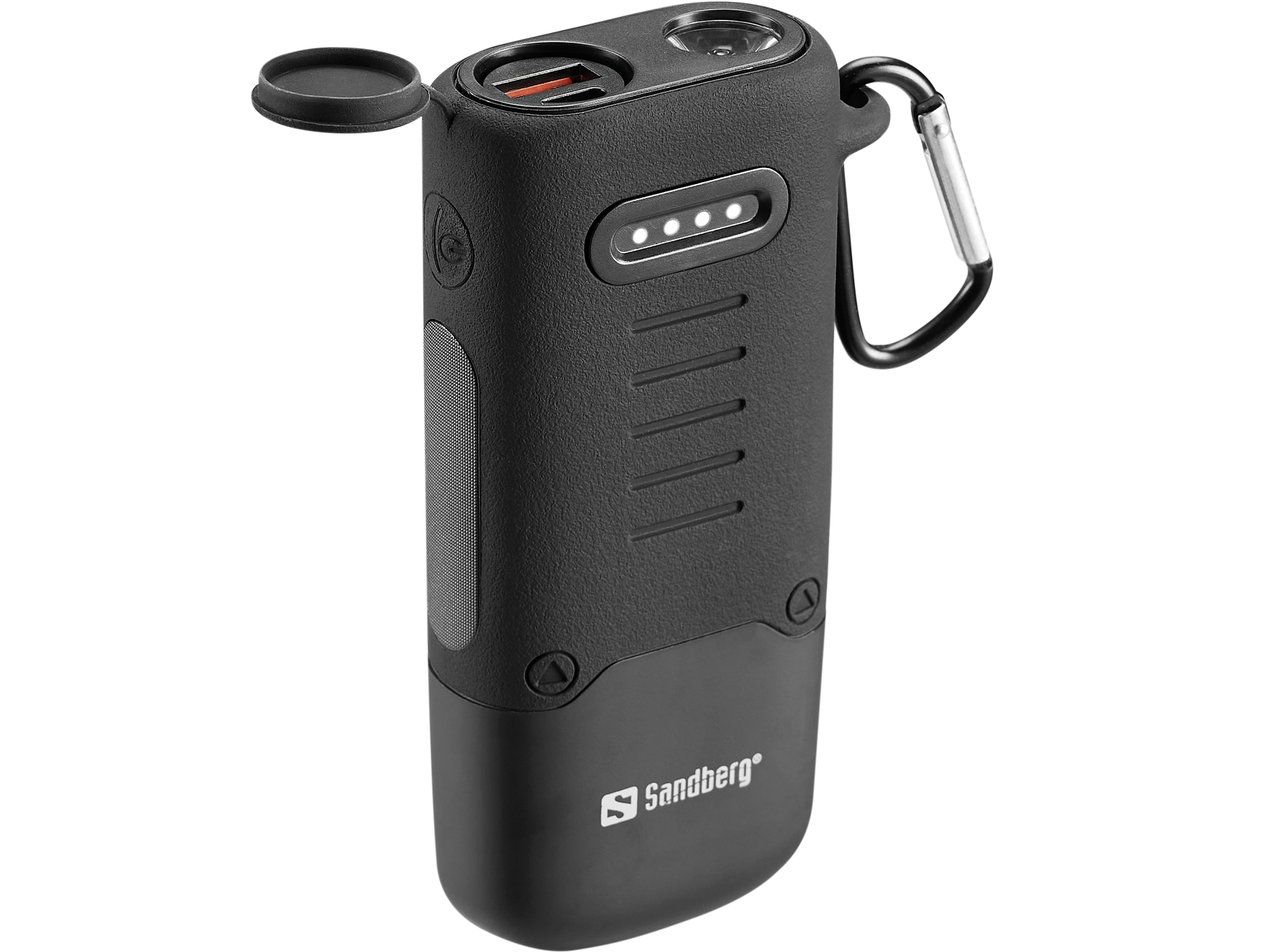 Zwarte Sandberg powerbank met karabijnhaak. Toont oplaadpoort, batterij-indicator en luidspreker. Open deksel bovenop.