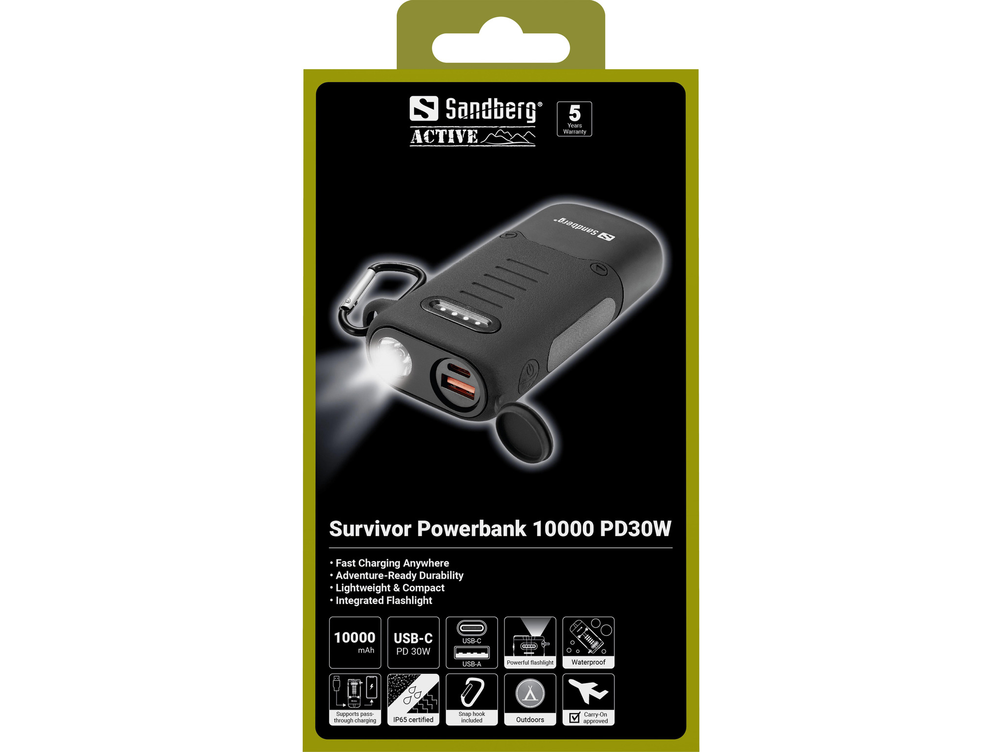Een Sandberg Survivor Powerbank 10000 PD30W-verpakking. Het toont een zwarte powerbank met een zaklamp, USB-poorten en een karabijnhaak.