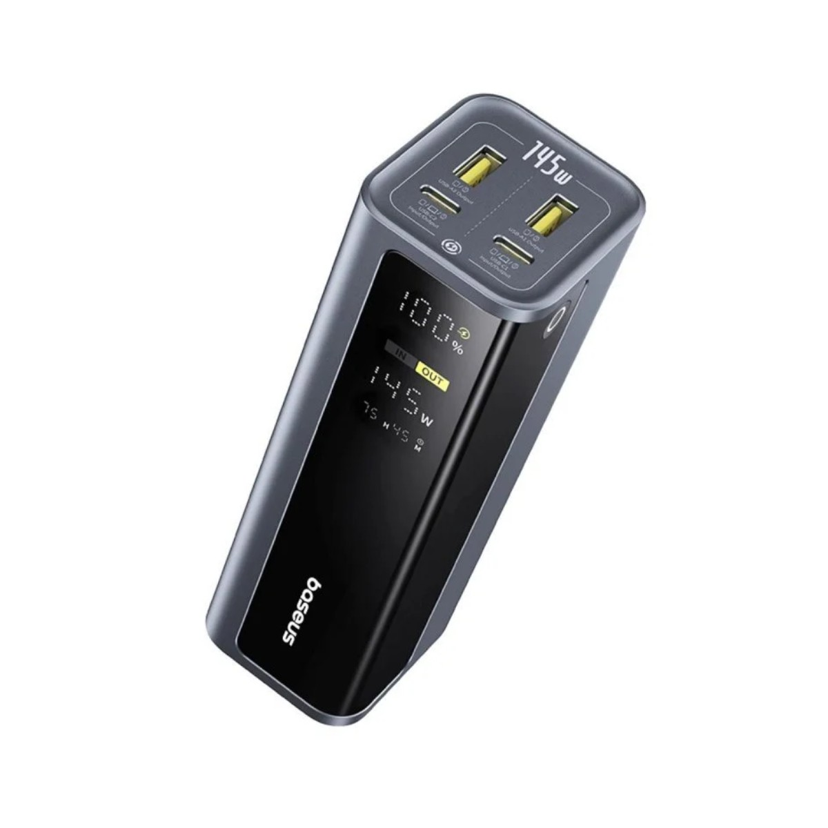 Un power bank Baseus da 145W. Ha un display digitale che mostra il 100% e i watt. Ha due porte USB-C e due porte USB-A.
