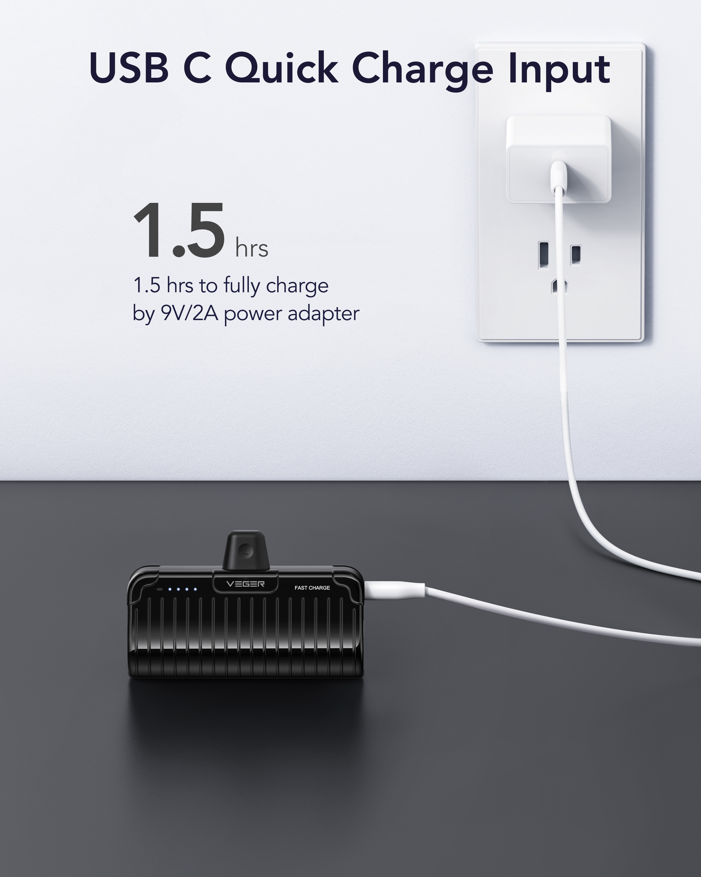 Caricabatterie nero collegato a una presa di corrente tramite un cavo bianco, con testo 'USB C Quick Charge Input'.