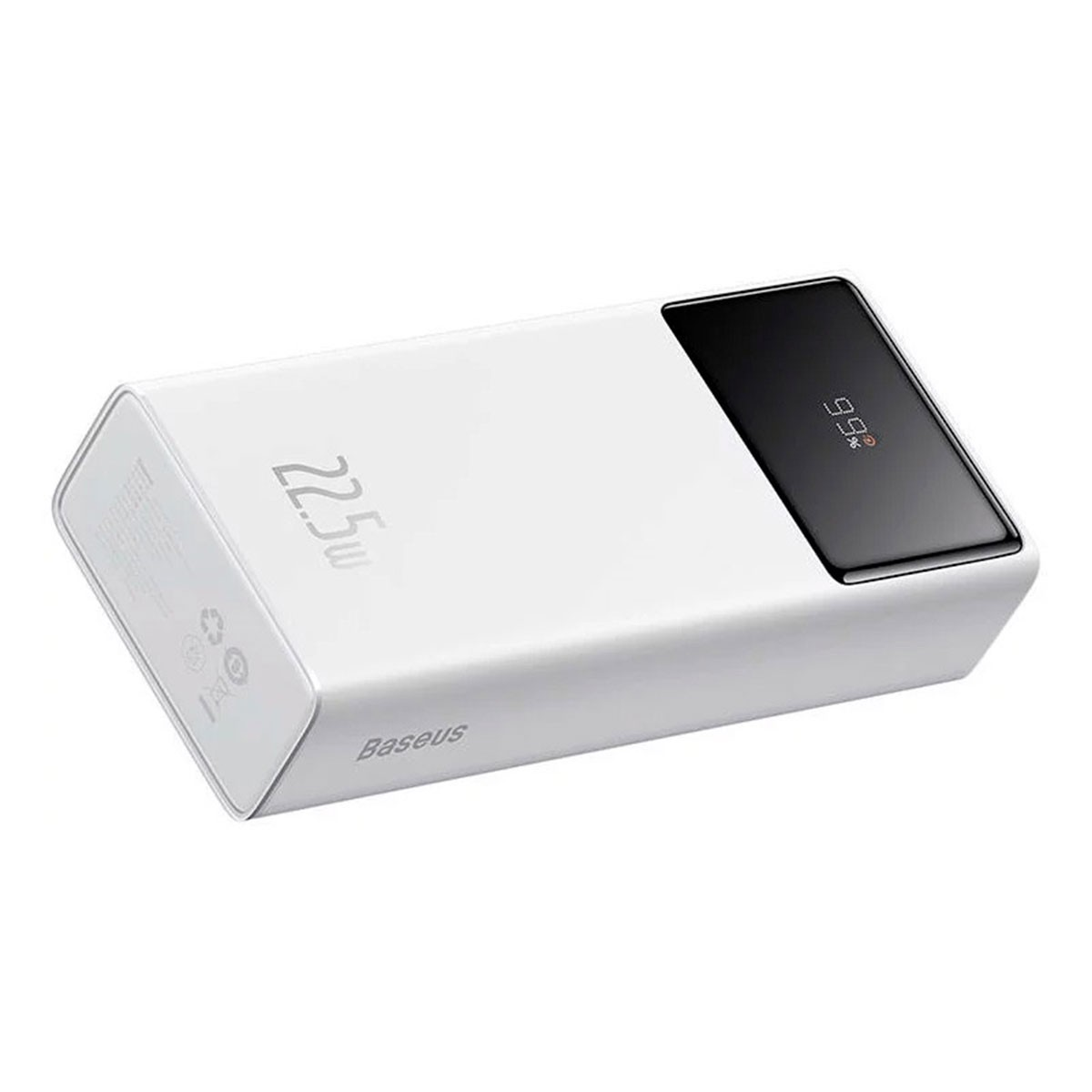 Power bank Baseus bianca con display nero che mostra il 99%. Ha 22,5w stampato sopra.