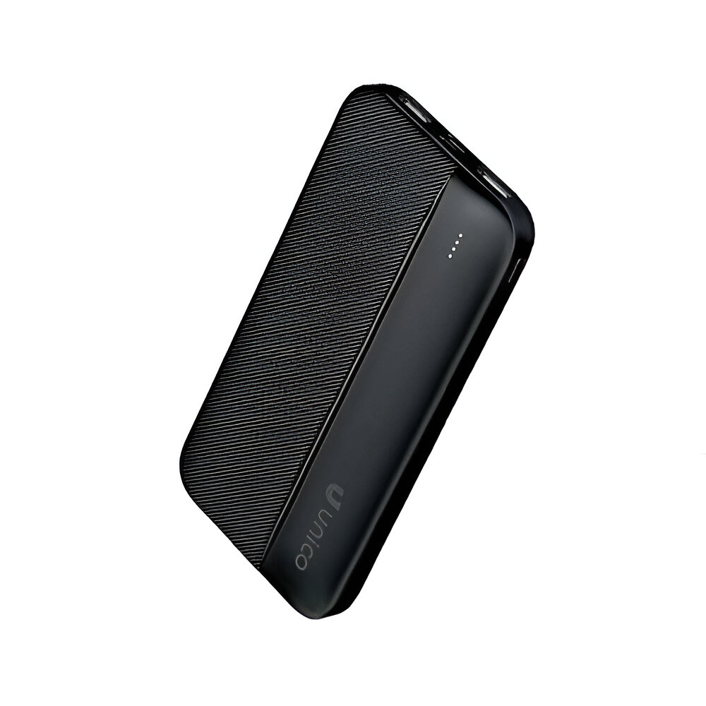 Un power bank nero con una parte superiore strutturata e un lato liscio. Il logo Unico è visibile. Quattro punti bianchi indicano il livello della batteria.
