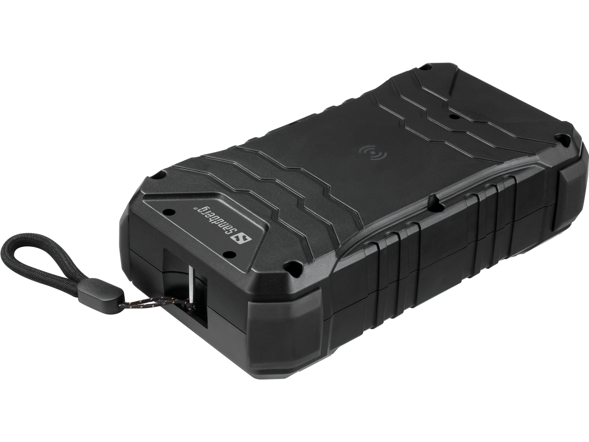 Dispositivo rettangolare nero con superficie strutturata, cinturino ad anello e logo Sandberg. Simbolo di ricarica wireless sopra.