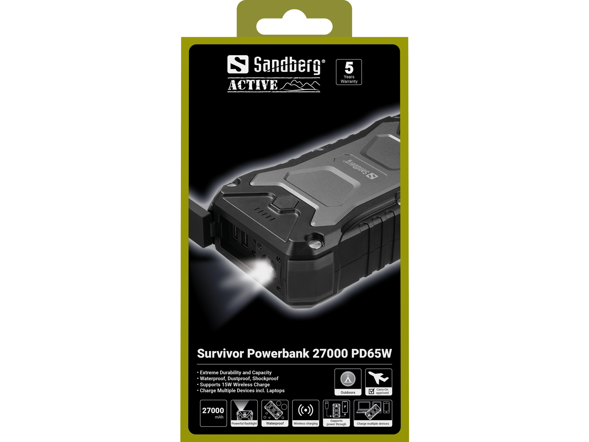 Sandberg Survivor Powerbank. Design nero e grigio. Caratteristiche: torcia, ricarica wireless e supporto multi-dispositivo.