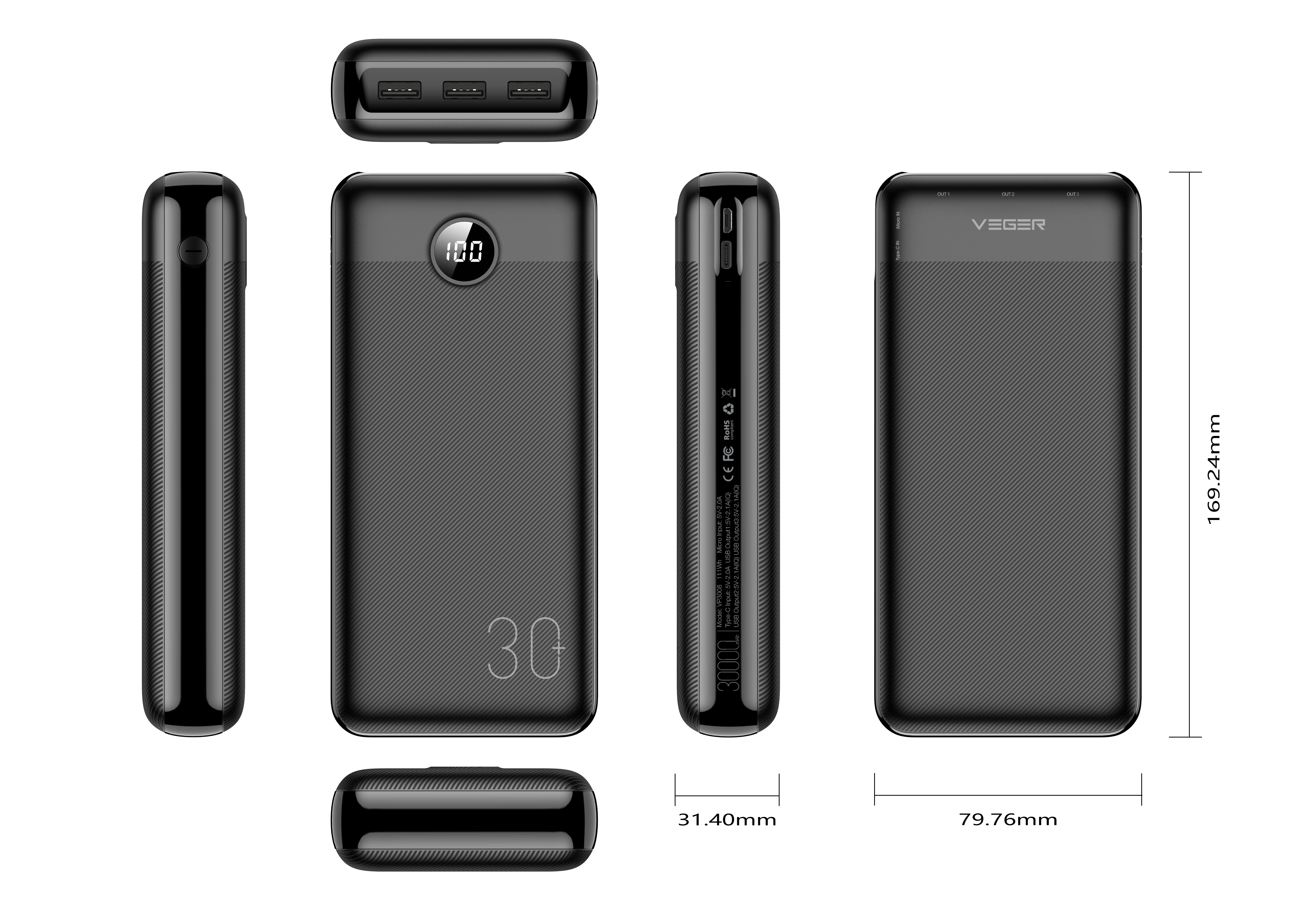 Un power bank nero con display digitale 100. Ha tre porte USB ed è etichettato 'VEGER'.
