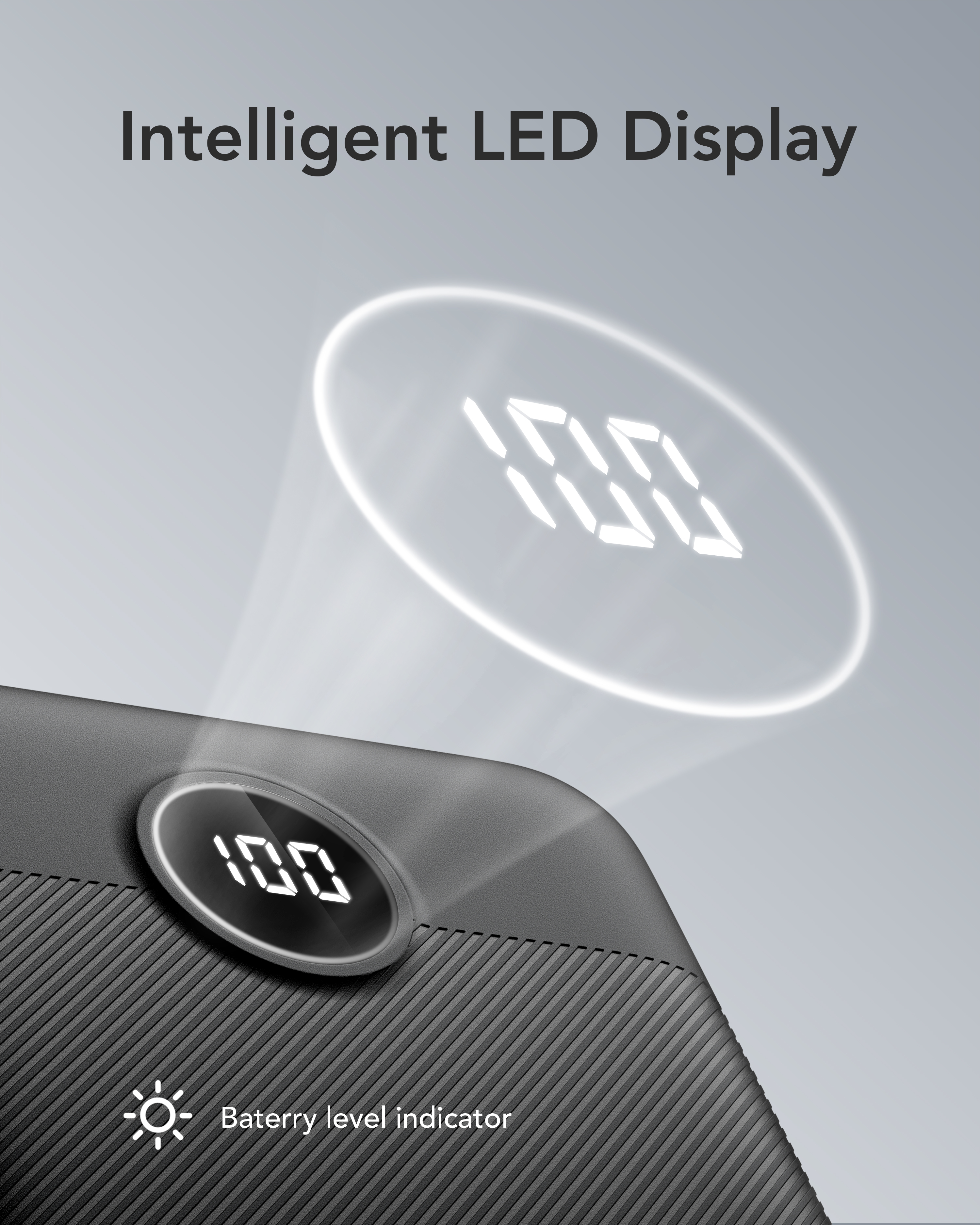 Power bank nera che mostra il livello di carica al 100%. Display a LED bianco. Testo: Display LED intelligente e indicatore del livello della batteria.