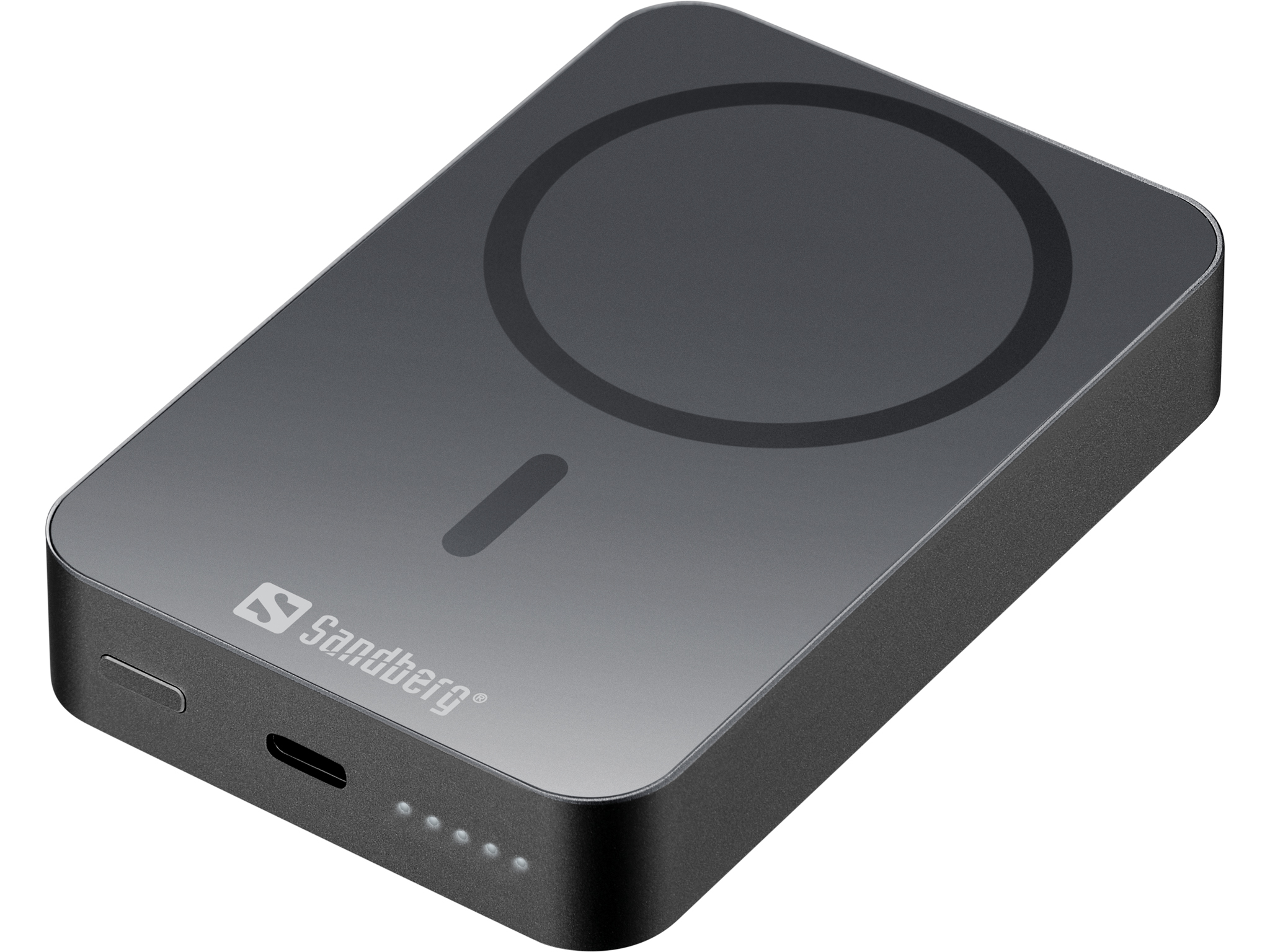 Power bank Sandberg grigio scuro, rettangolare con angoli arrotondati, area di ricarica wireless circolare e porta di ricarica.