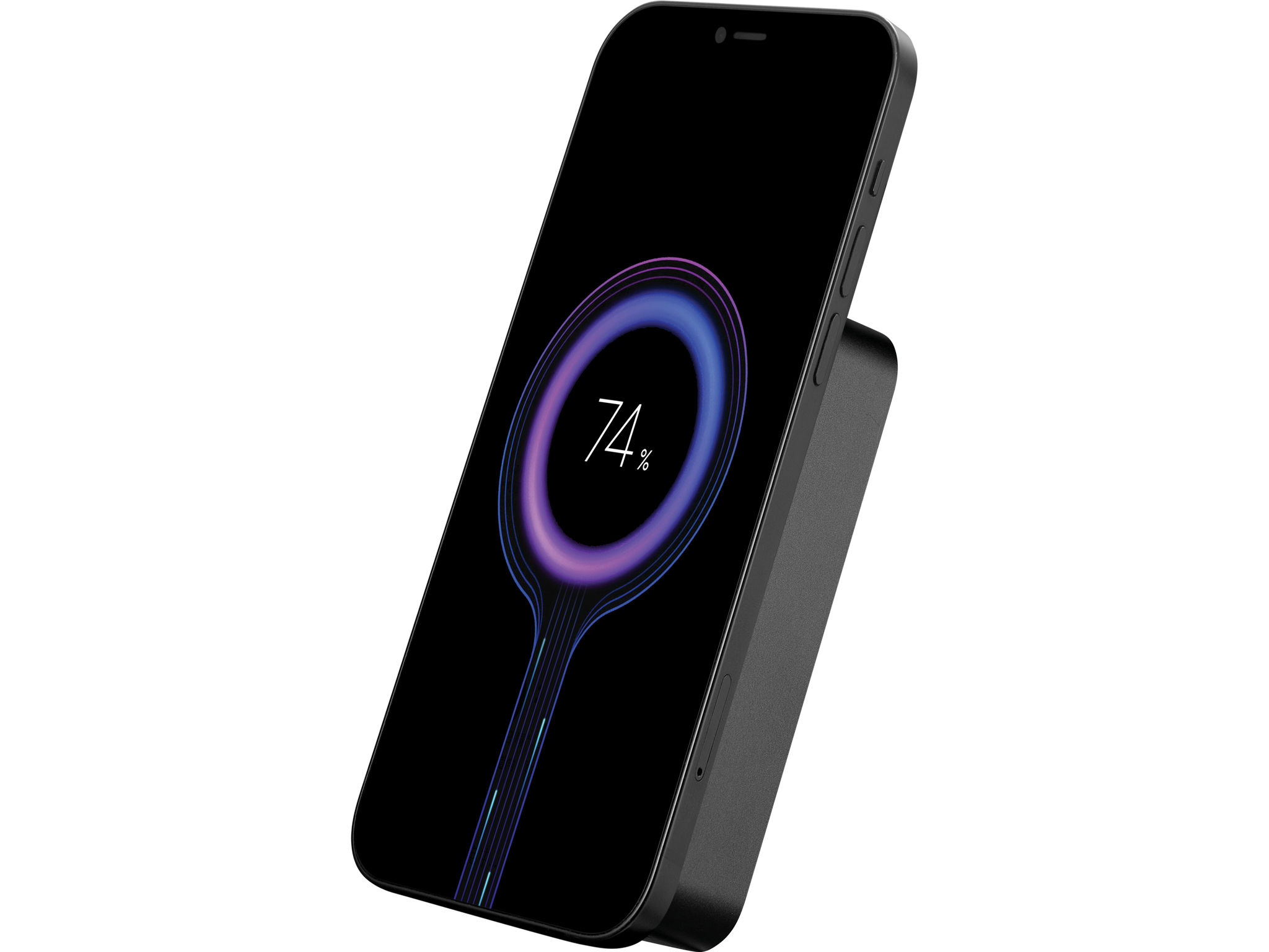 Uno smartphone nero si sta caricando in modalità wireless. Lo schermo mostra il 74% di carica. Il telefono è su un pad di ricarica nero.