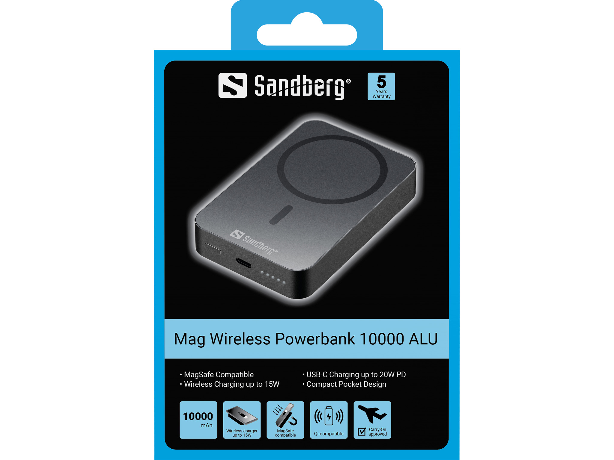 Un powerbank wireless Sandberg Mag. Dispositivo grigio scuro su sfondo nero. Caratteristiche e icone sono visualizzate.