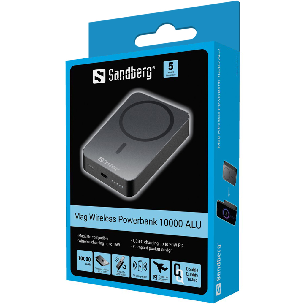 Una scatola Sandberg Mag Wireless Powerbank 10000 ALU. Dispone di caricabatterie wireless, compatibilità MagSafe e design compatto.