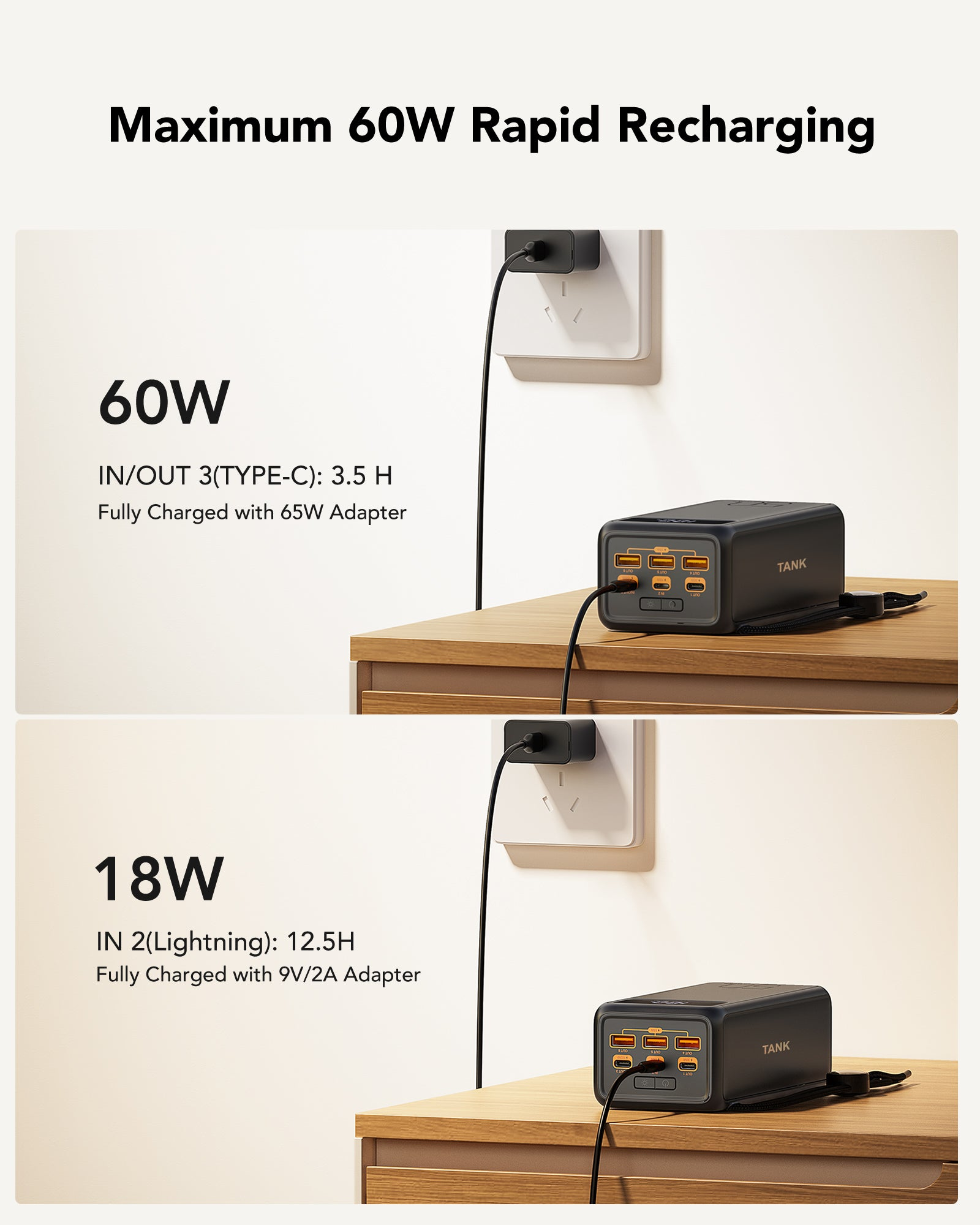 L'immagine mostra un power bank nero con porte di ricarica, collegato a una presa a muro e un tavolo di legno.
