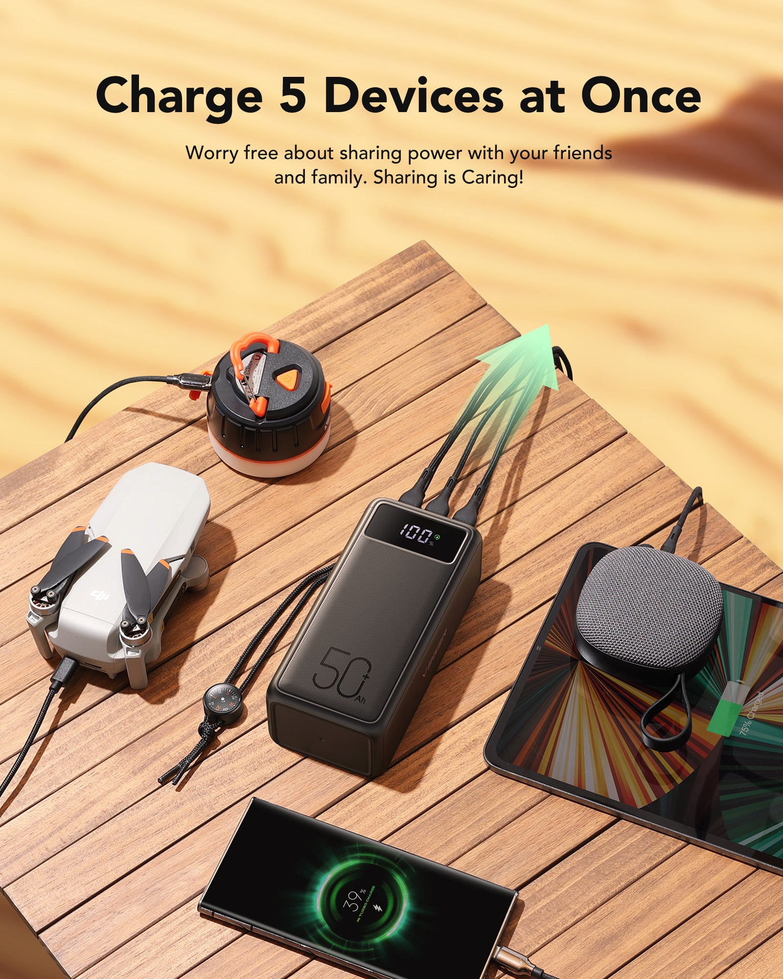Un power bank carica cinque dispositivi: drone, telefono, tablet, altoparlante e lampada. Sfondo tavolo in legno.