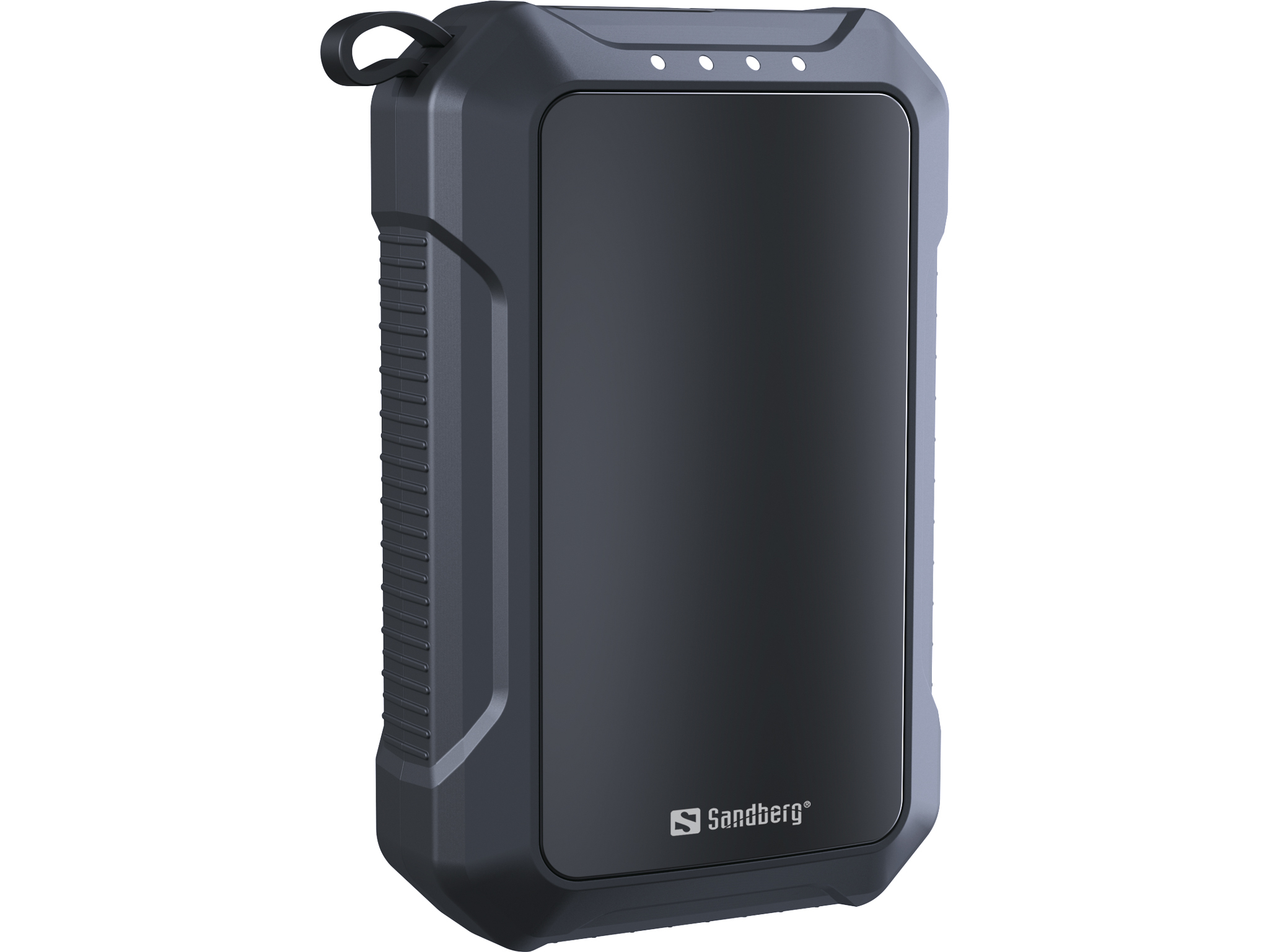 Een donkergrijze rechthoekige powerbank. Het heeft een gladde voorkant, een geribbelde zijkant en een lus aan de bovenkant. Het Sandberg-logo staat op de voorkant.