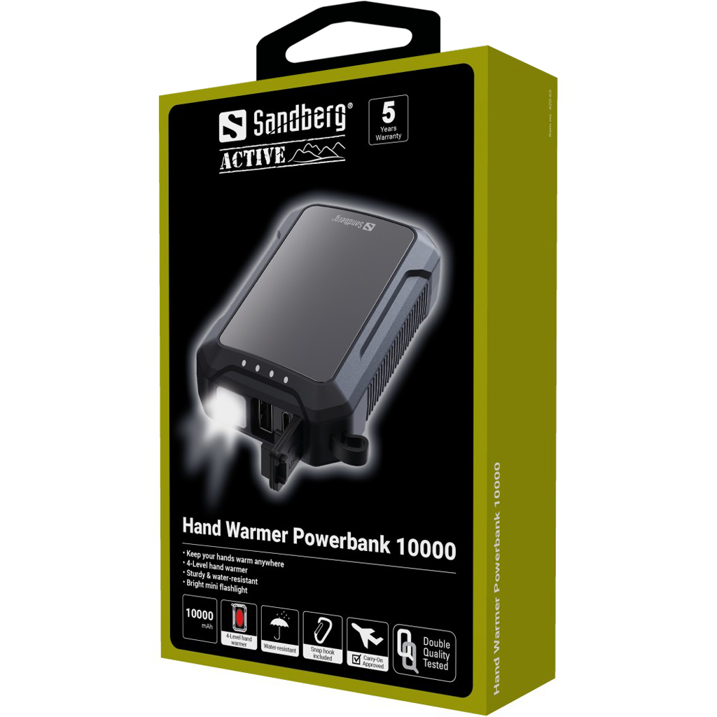 Een Sandberg Hand Warmer Powerbank 10000 doos. Het heeft een powerbank met een zaklamp. De doos is groen en zwart met het Sandberg-logo.