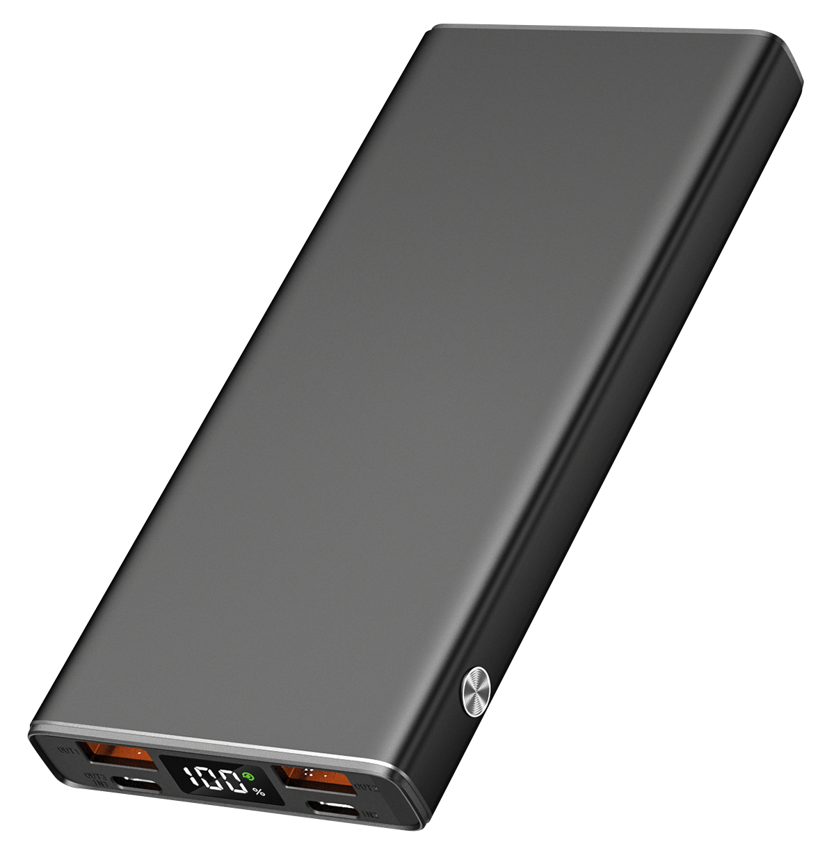 Un power bank grigio scuro con display digitale che mostra la carica al 100%. Il dispositivo ha porte e un pulsante di accensione.