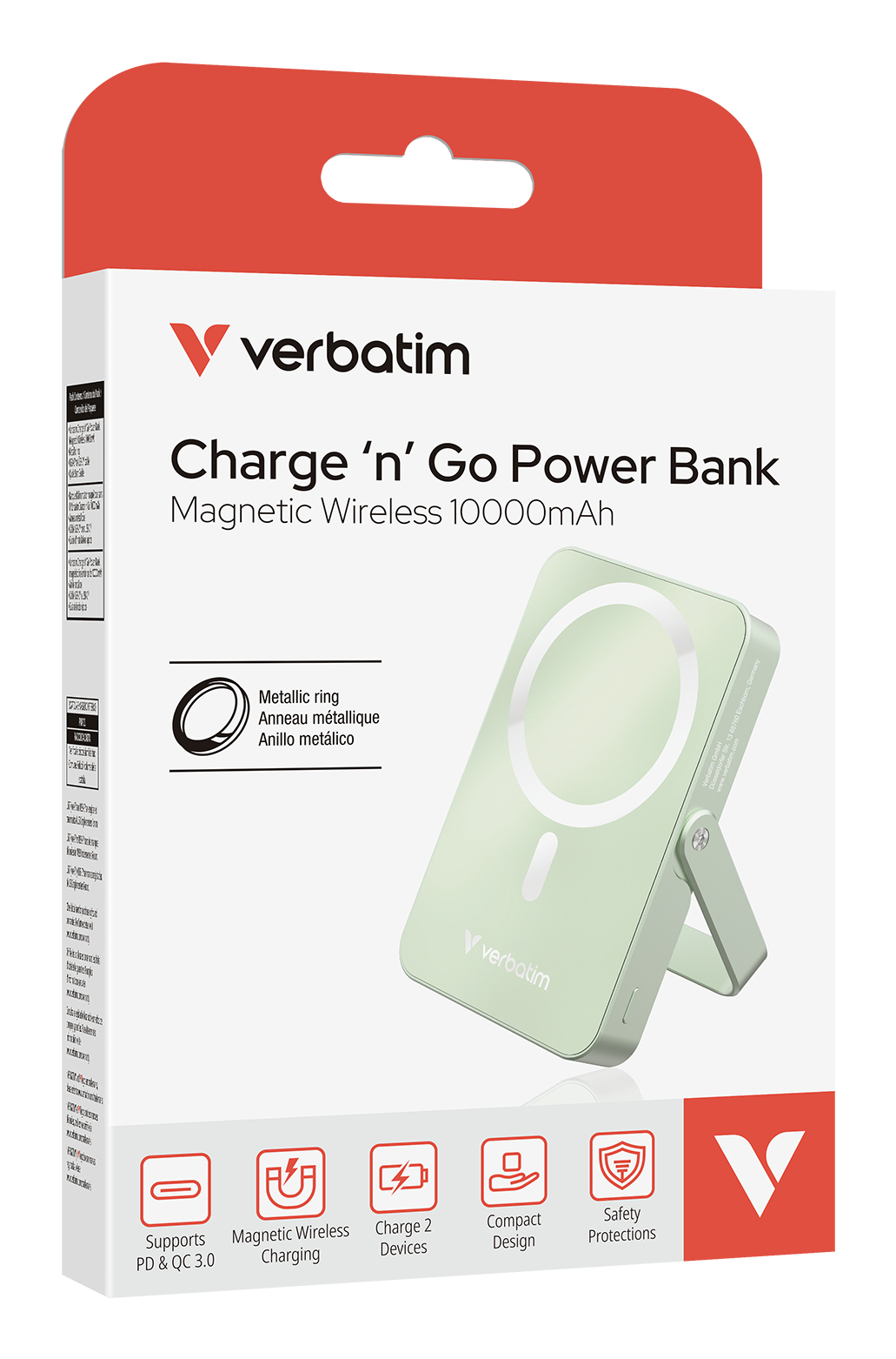 Pudełko Verbatim Charge 'n' Go Power Bank. Pokazuje zielony power bank z metalowym pierścieniem i podstawką.