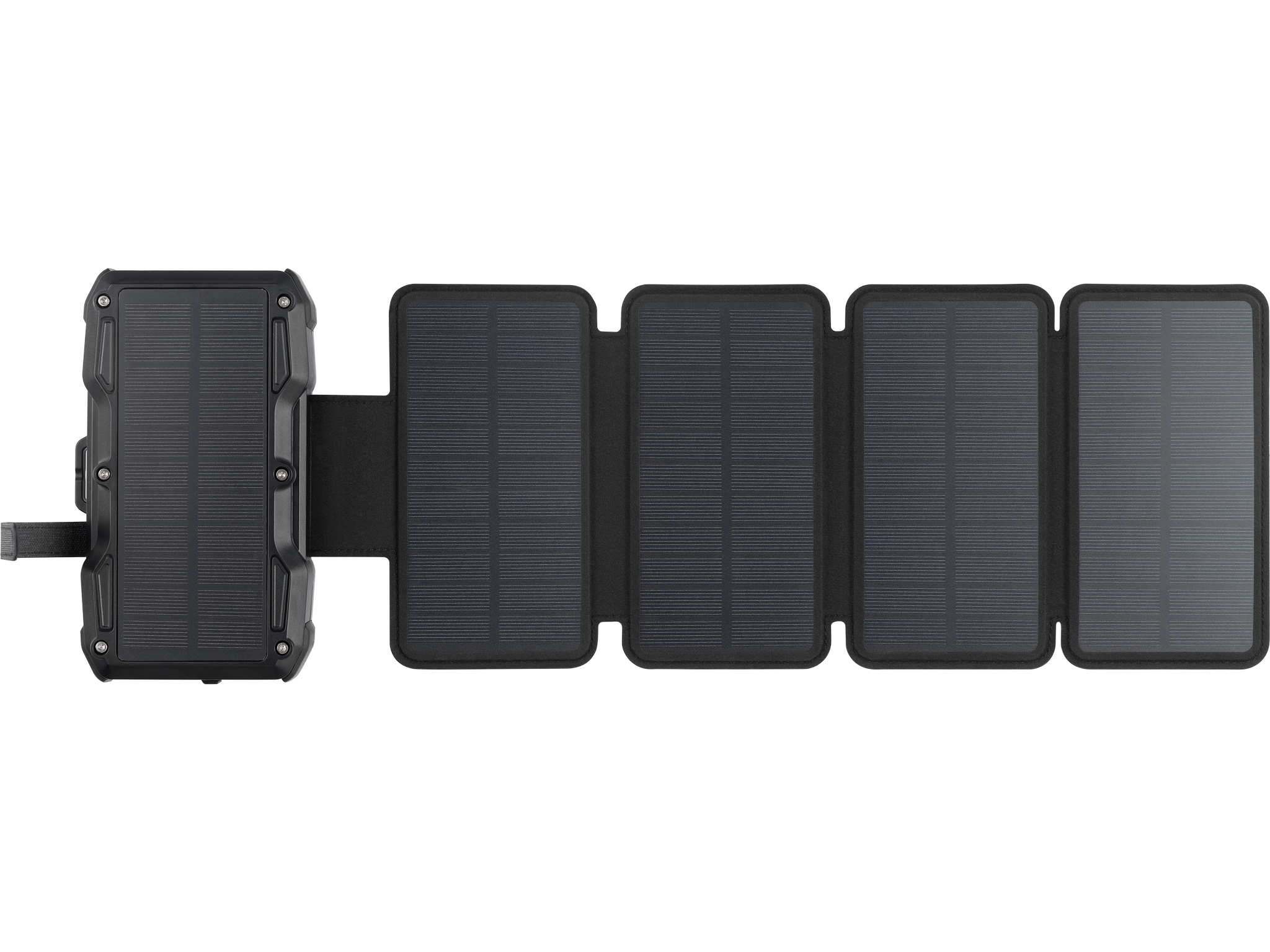 Zwarte, opvouwbare zonnepaneellader. Het heeft meerdere panelen en een oplaadeenheid aan de linkerkant, allemaal op een witte achtergrond.