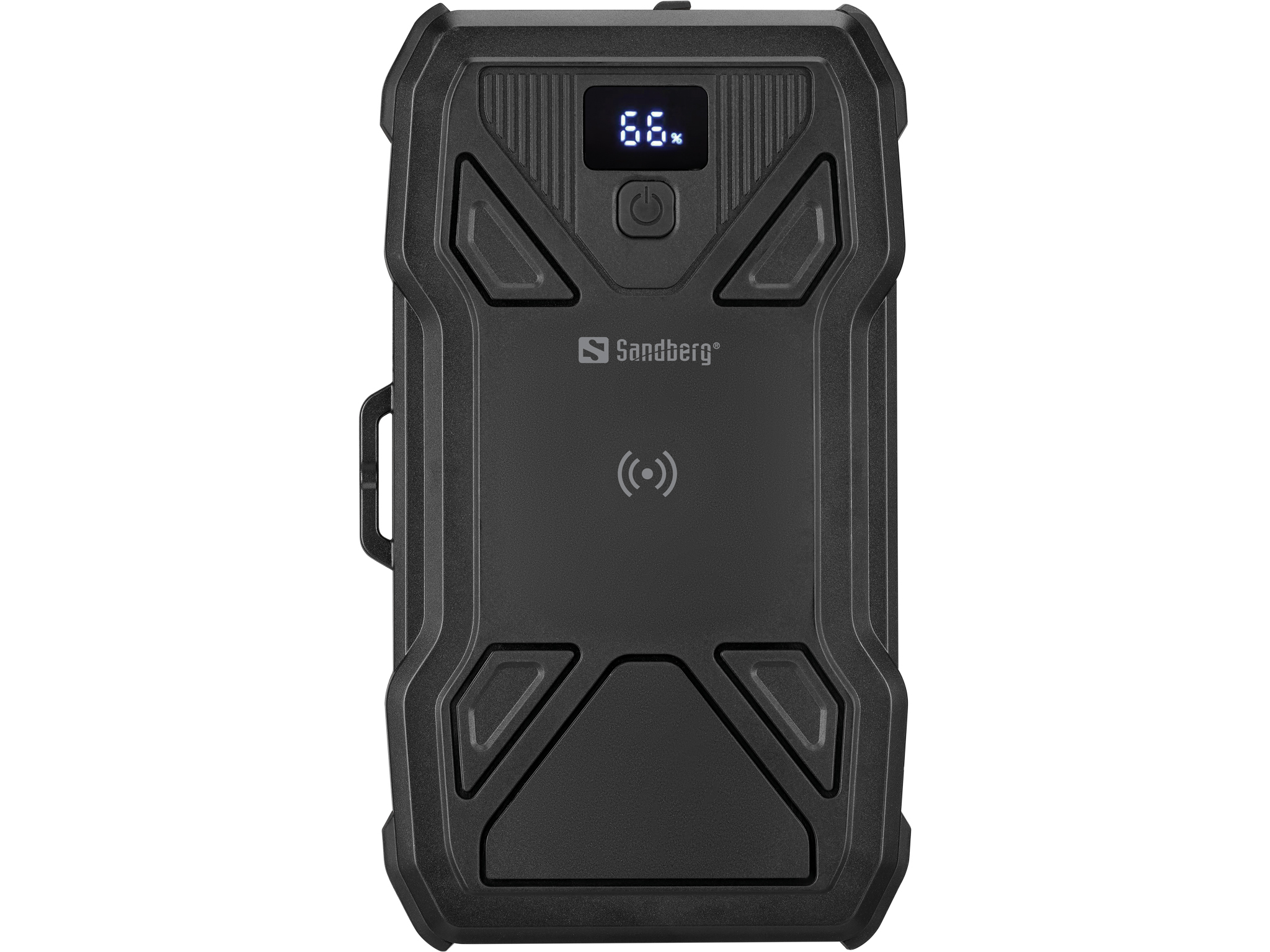 Zwarte powerbank met digitaal display met 66%. Sandberg-logo en een draadloos oplaadsymbool zijn zichtbaar.