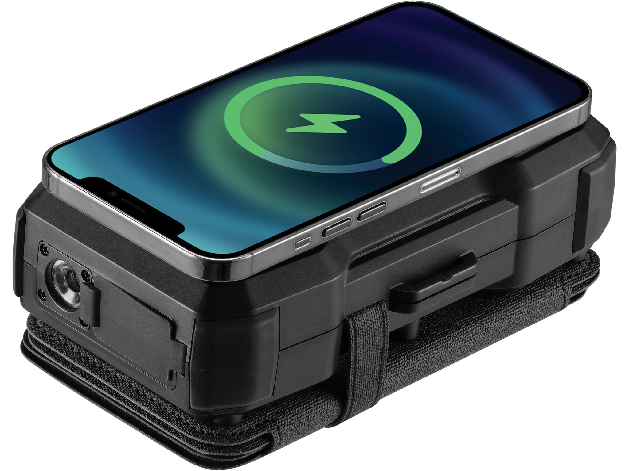 Zwart apparaat met telefoon erop die het opladen weergeeft. De telefoon heeft een groen oplaadsymbool. Er zit een bandje aan de onderkant.
