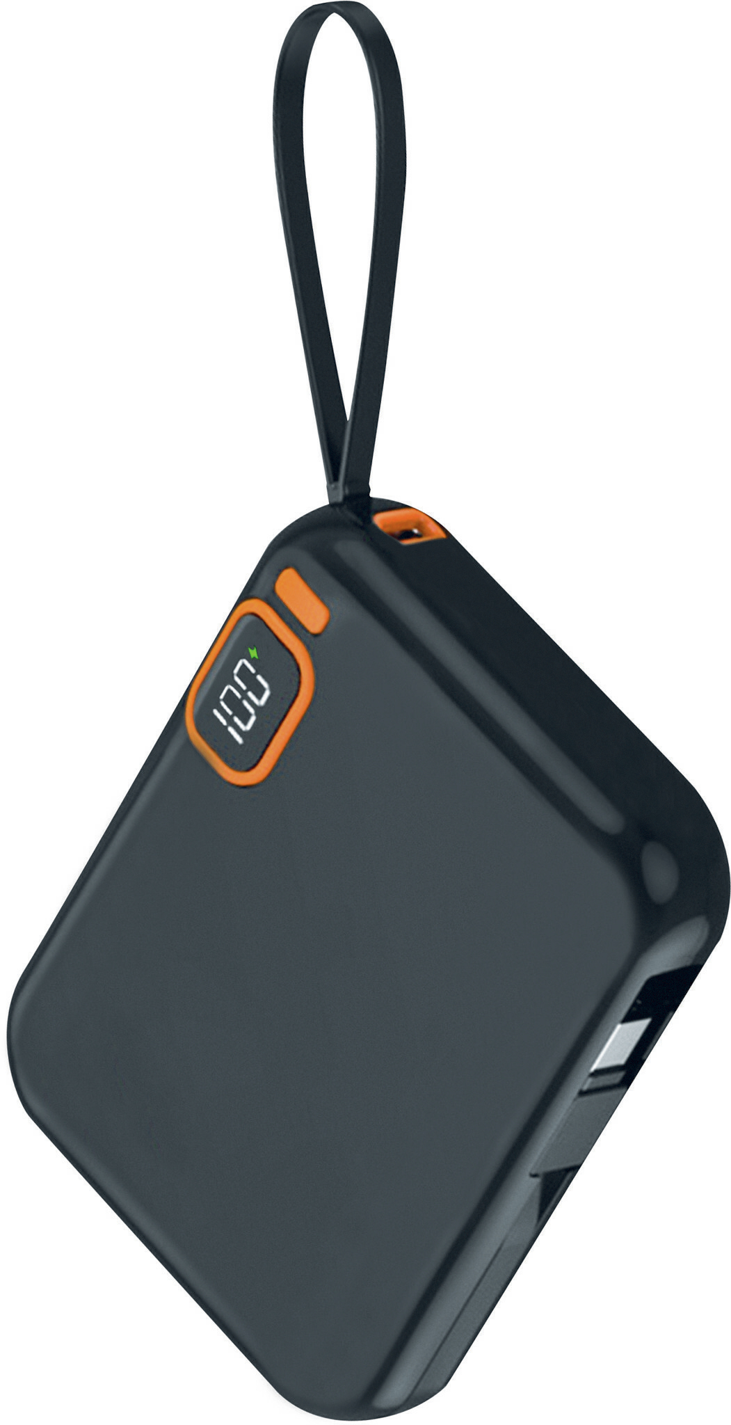 Un power bank grigio scuro con un cinturino nero. Ha un accento arancione attorno al display che mostra la carica al 100%.