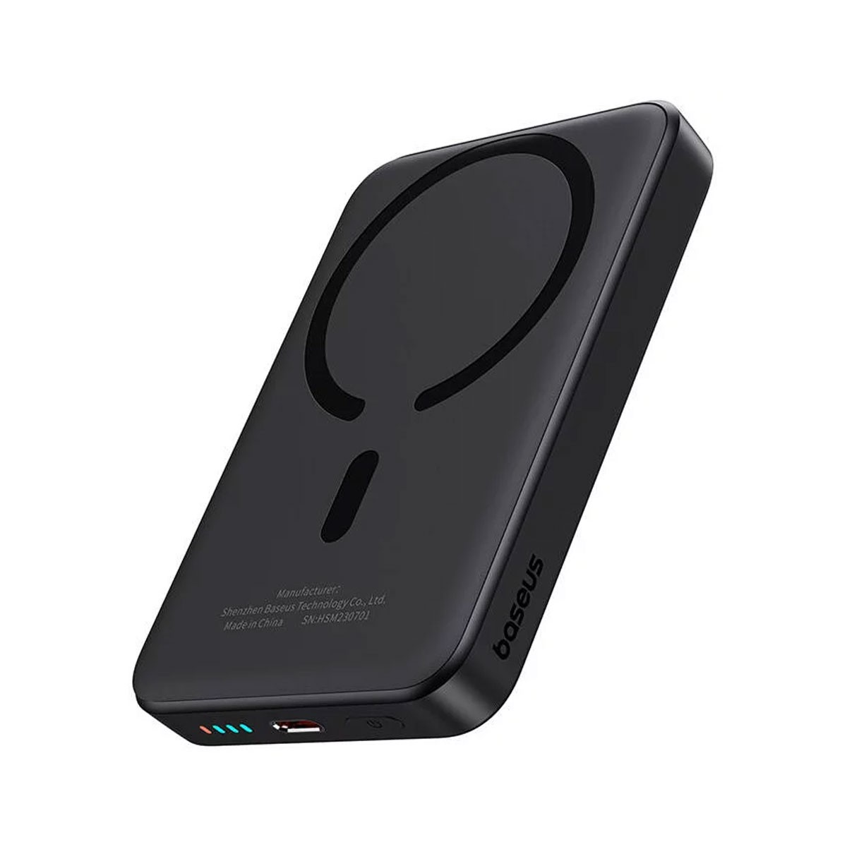 Power bank Baseus nera con design circolare. Presenta indicatori di carica, porte USB ed etichetta del produttore. Isolato su bianco.