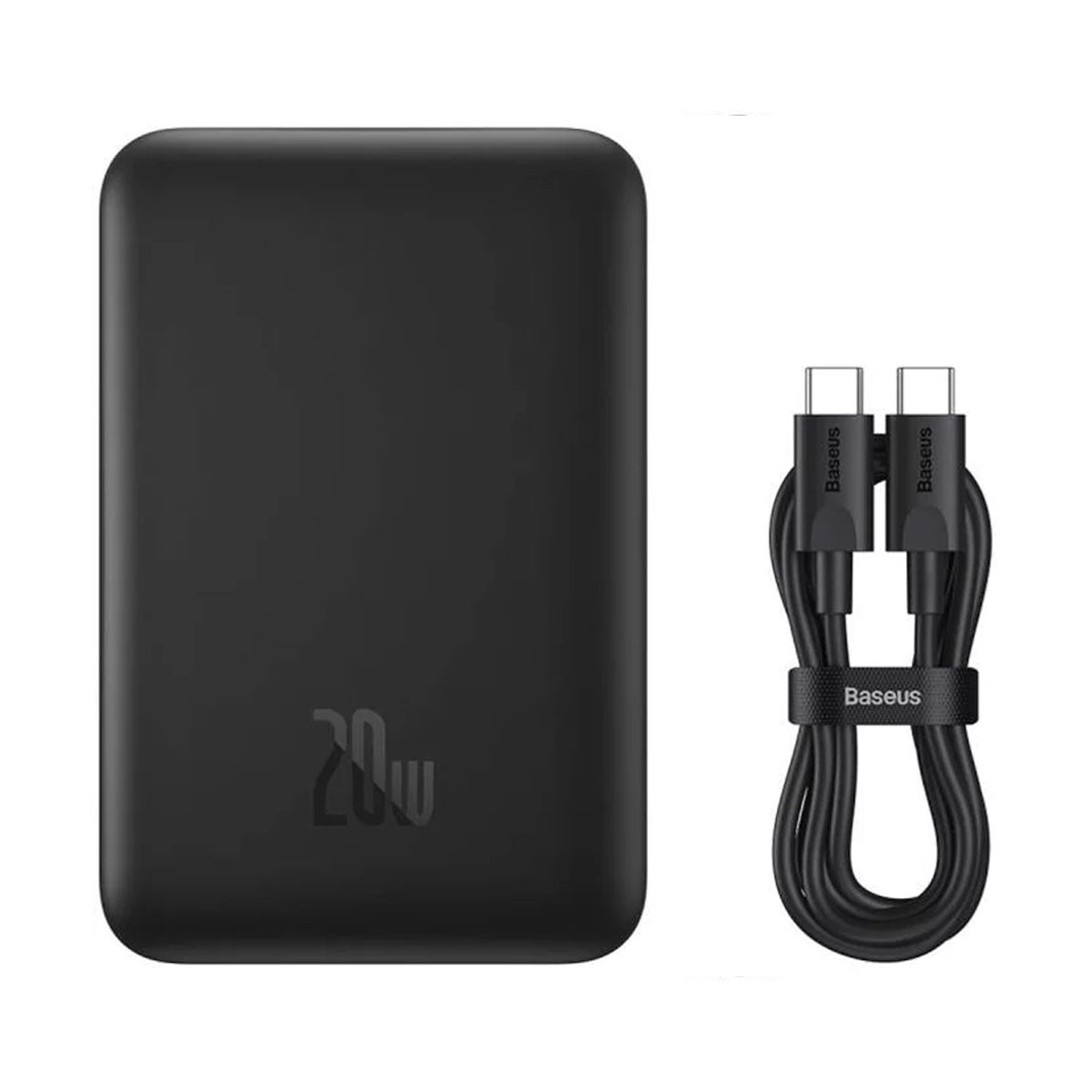 Power bank e cavo di ricarica Baseus neri. Il power bank ha 20W stampati. Il cavo ha il marchio Baseus.