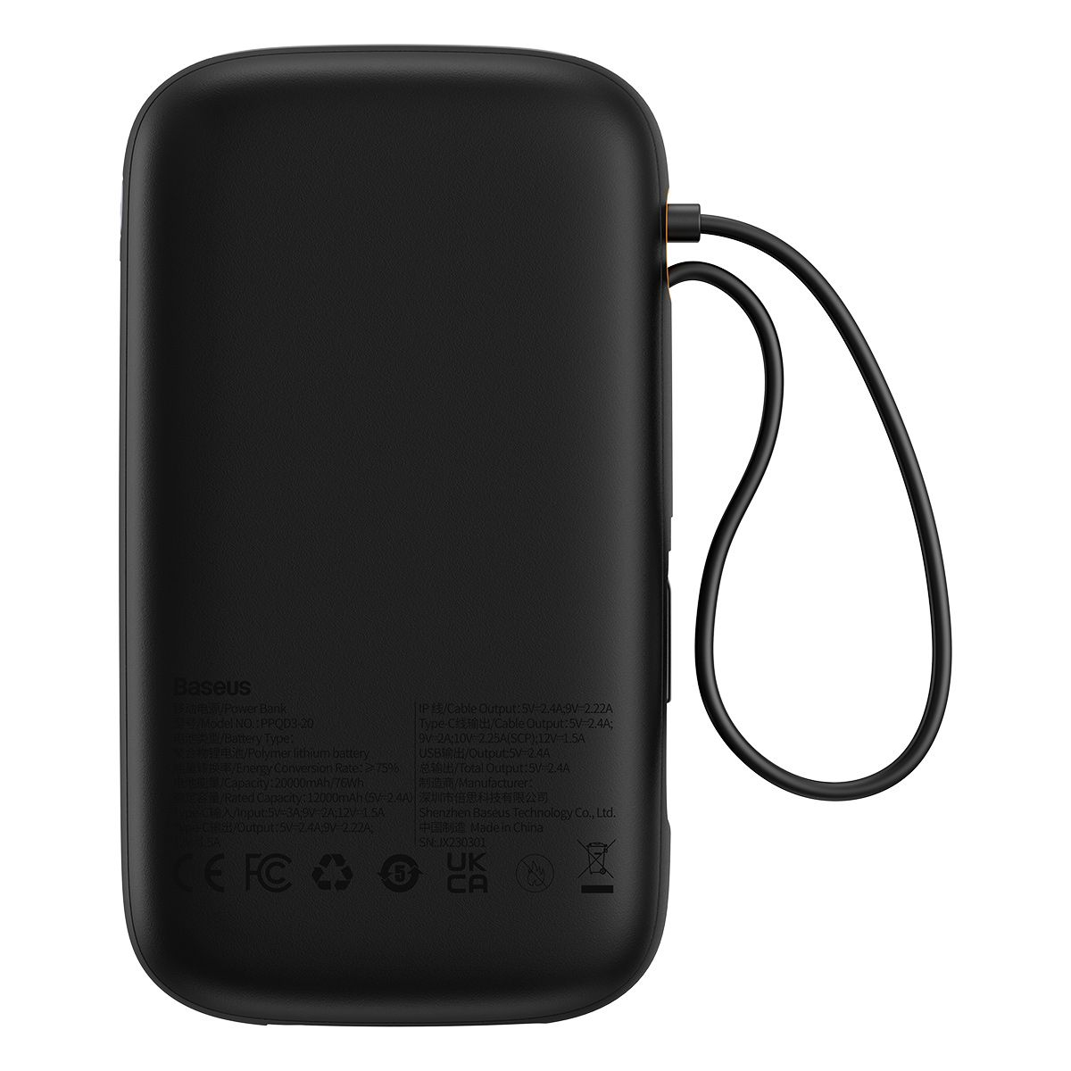 Banco de energía negro con cable negro adjunto. Detalles: marca, especificaciones técnicas y certificaciones.