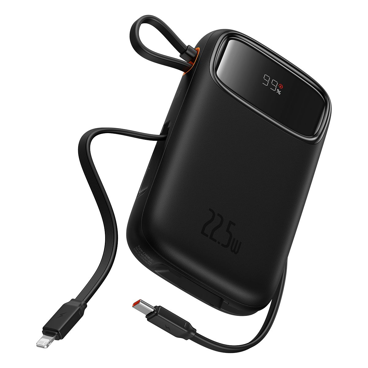 Un banco de energía negro que muestra un 99% de carga, con dos cables de carga adjuntos. Tiene 22.5w escrito en él.