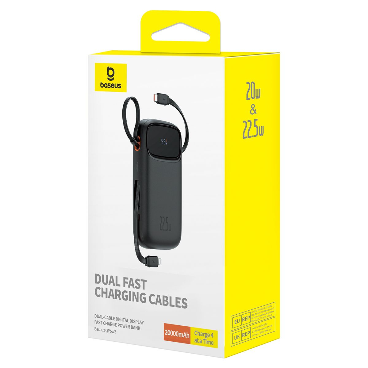 Una caja de batería externa Baseus. Tiene cables de carga, 20000mAh y funciones de carga rápida. La pantalla muestra el 99% de carga.