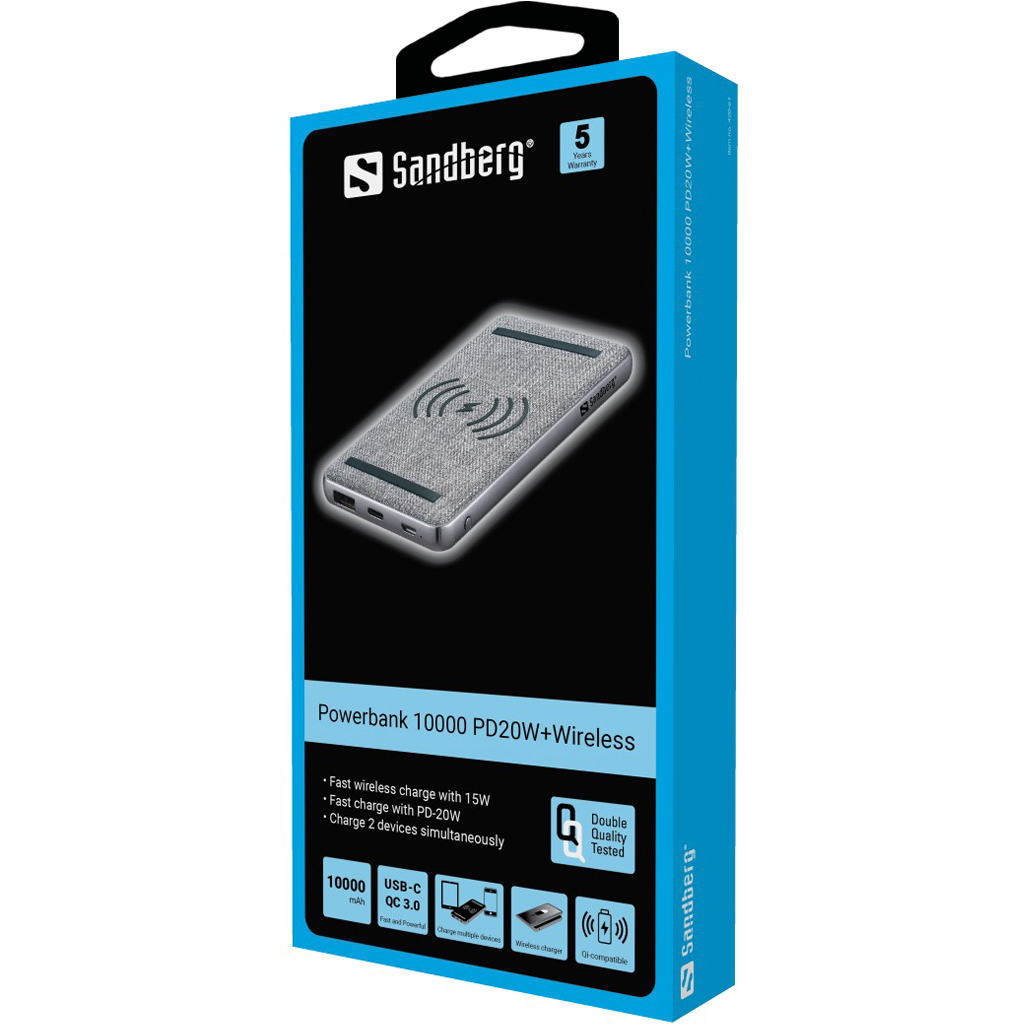 Una scatola di power bank Sandberg. La scatola è blu con testo e immagini bianchi, tra cui un caricabatterie wireless e le specifiche del prodotto.