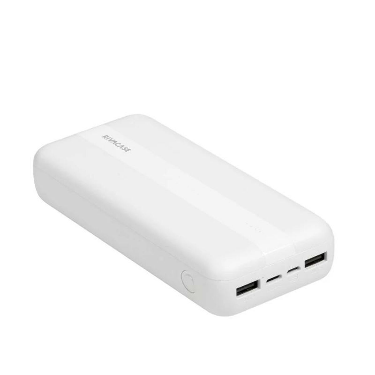 Un power bank Rivacase bianco. Ha porte USB e un pulsante di accensione. Lo sfondo è bianco.