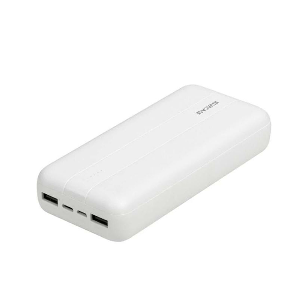 Un power bank Rivacase bianco. Ha tre porte USB in basso e il marchio in alto.
