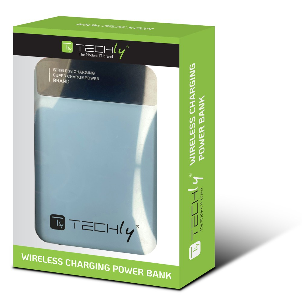 Una scatola con un power bank di ricarica wireless all'interno. La scatola è verde e bianca, con il marchio TECHLY.