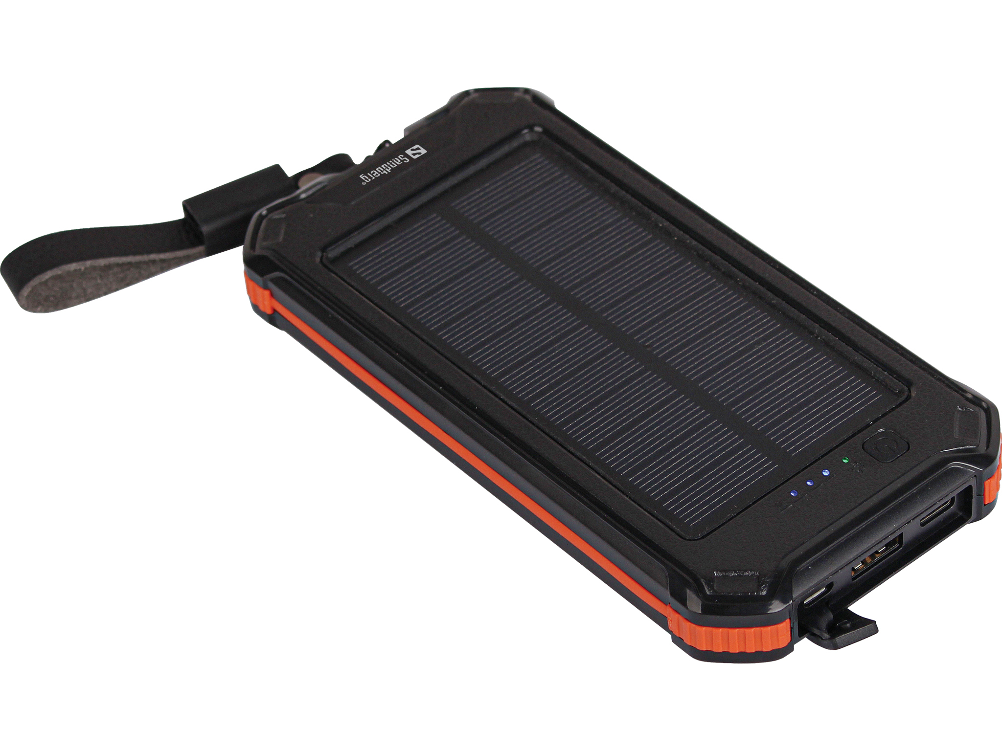 Power bank solare Sandberg nero e arancione. Ha un pannello solare, indicatori di alimentazione e un cinturino.
